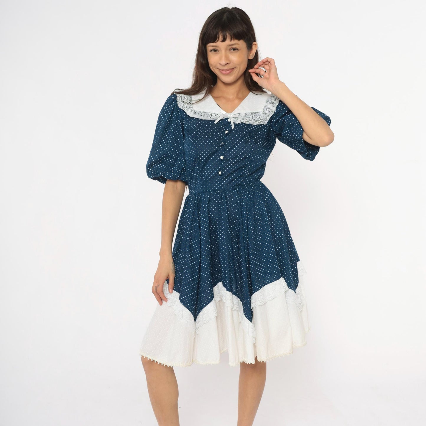 80s Navy Polka Dot Dress Puff Sleeve Lace Collar Handkerchief Hem Medium M