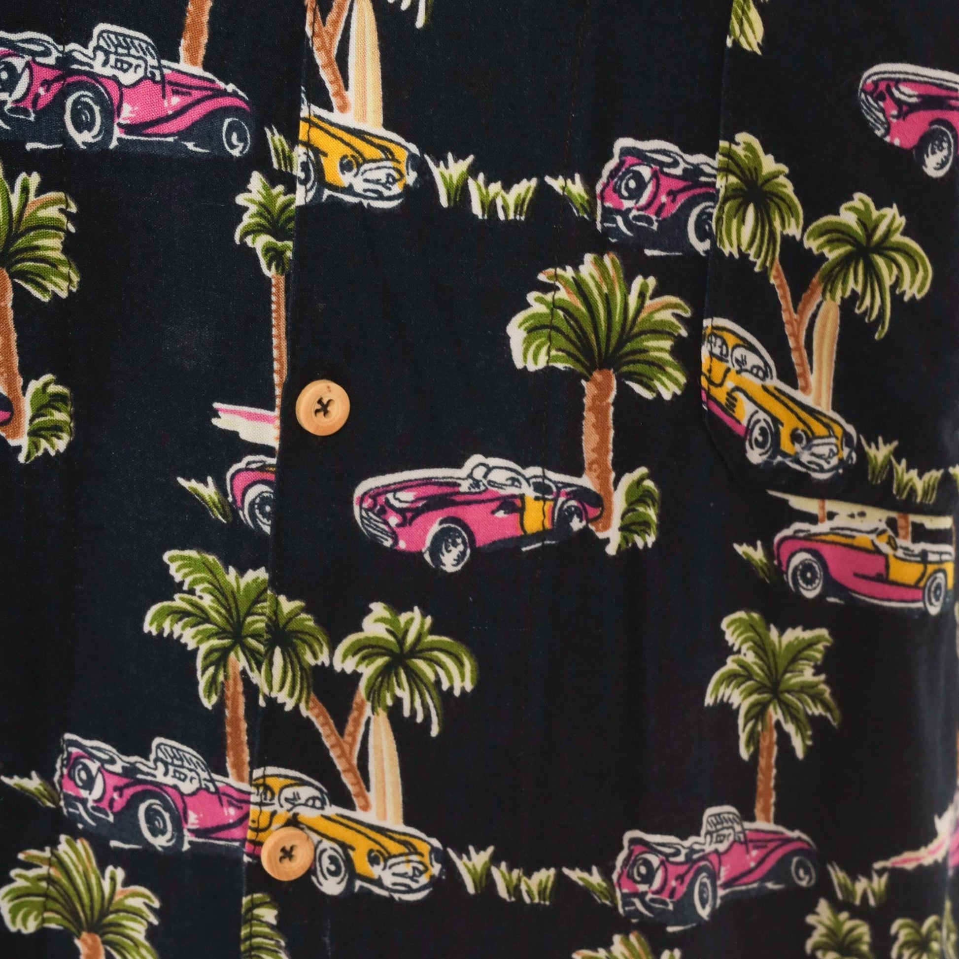 90s Classic Cars Hawaiian Shirt Black Pink Yellow Palm Tree Camp Collar XS