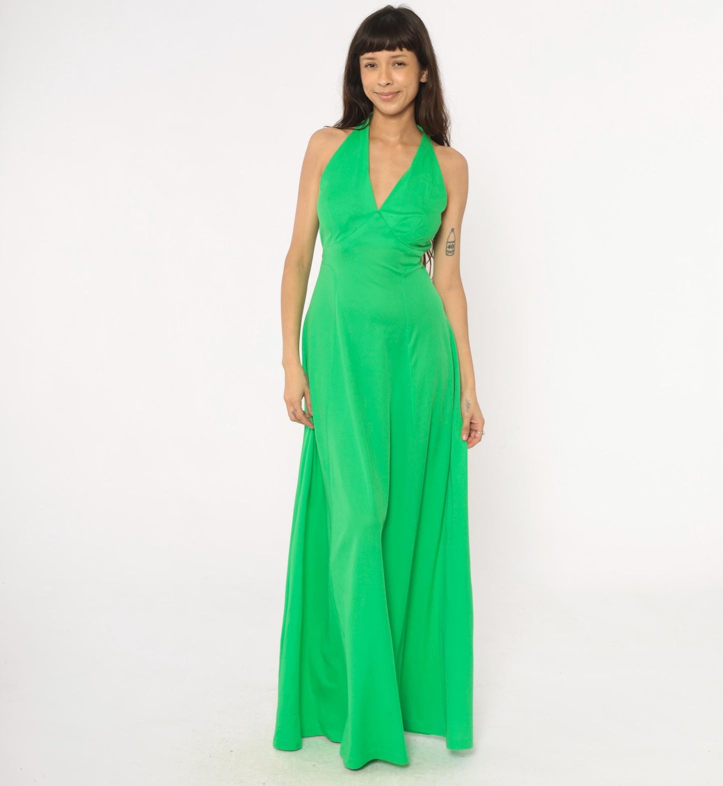 70s Green Halter Maxi Dress Deep V Neck Tie Waist Empire A-Line Medium