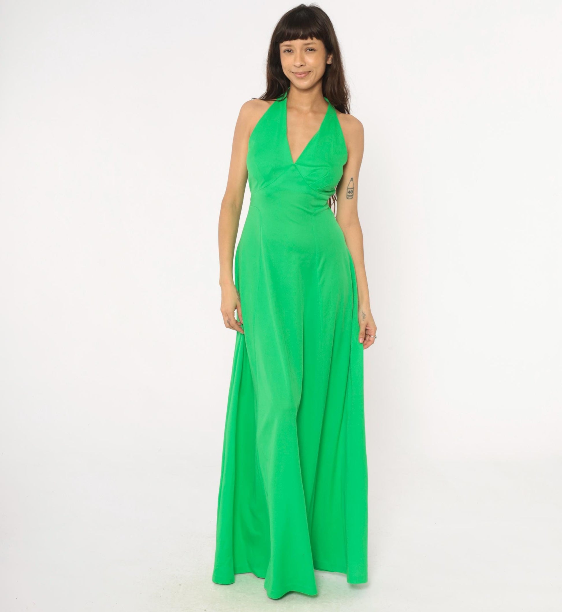 70s Green Halter Maxi Dress Deep V Neck Tie Waist Empire A-Line Medium
