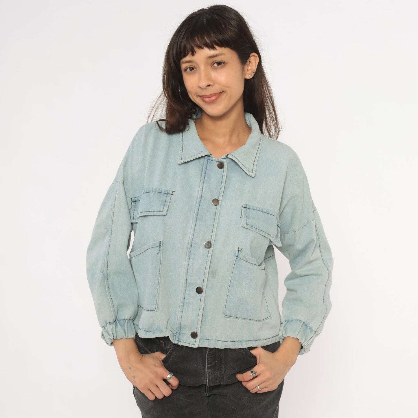 2000s Wang Luo Niu Za Light Wash Denim Crop Jacket Powder Blue Small S