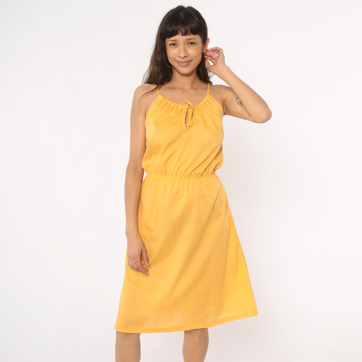 70s Yellow Spaghetti Strap Sundress Tie Neck Knee-Length Small Medium