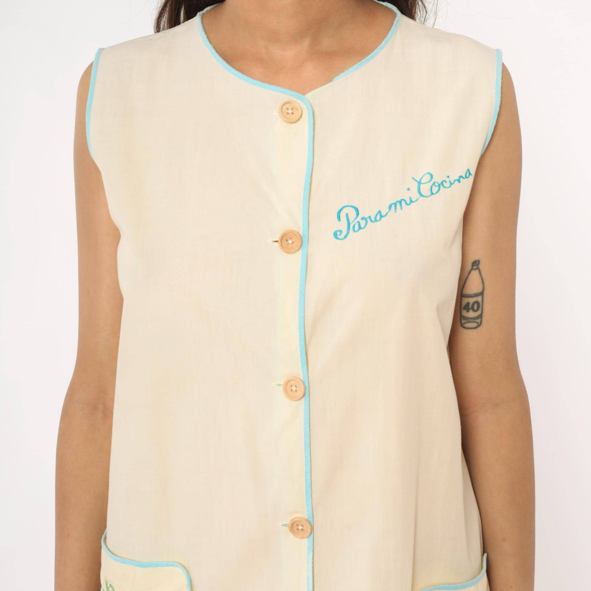 80s Yellow Cotton House Dress Para Mi Cocina Embroidered Molcajete Medium