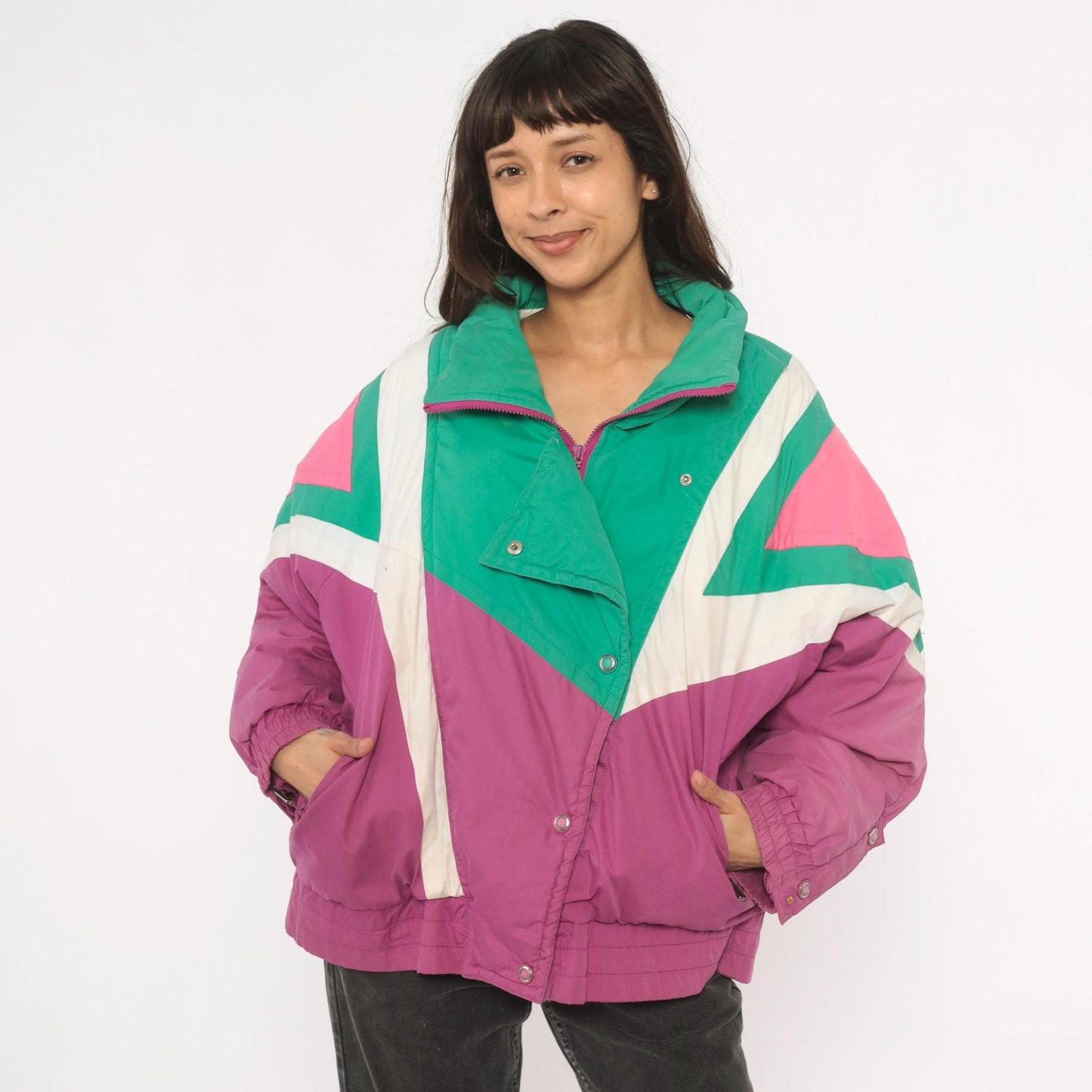 90s Kaos Ski Jacket Colorblock Teal Pink Purple Geometric Puffer Large L