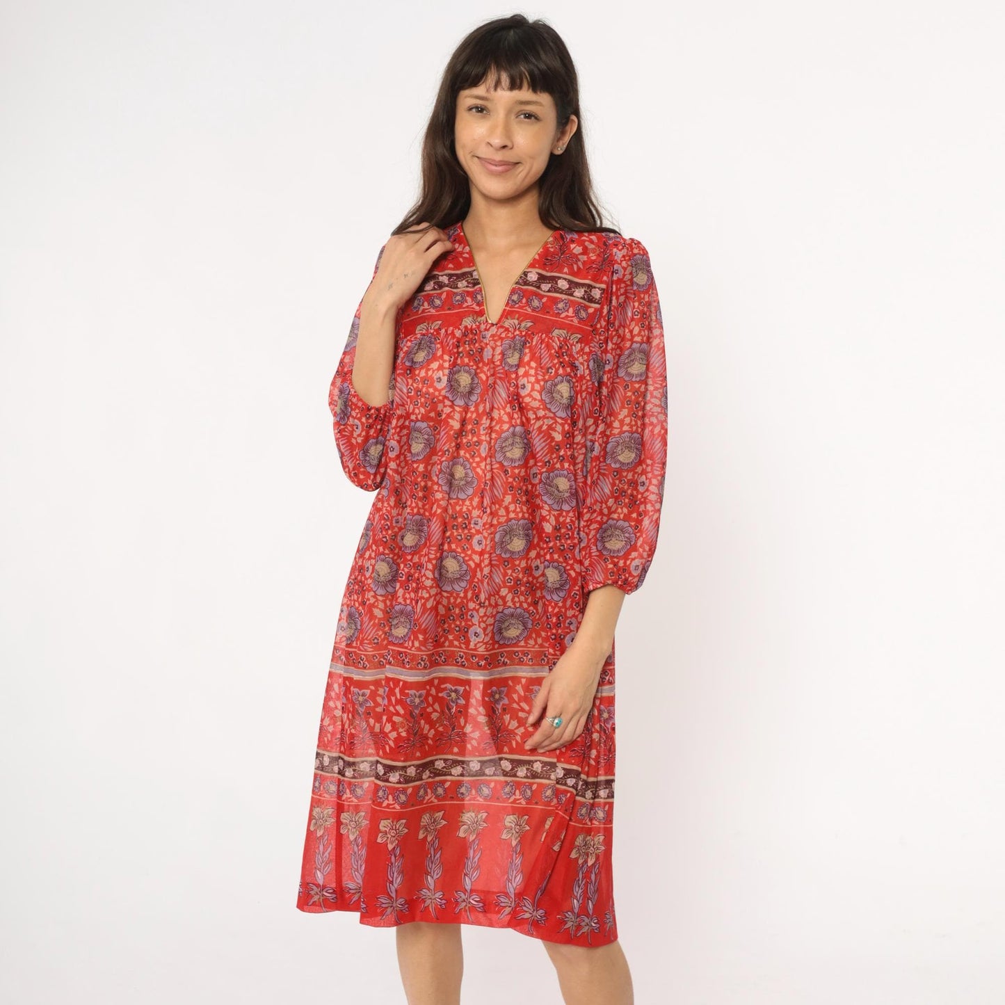 70s Floral Shift Dress Red Coral V-Neck Knee Length Three-Quarter Sleeve Medium Large