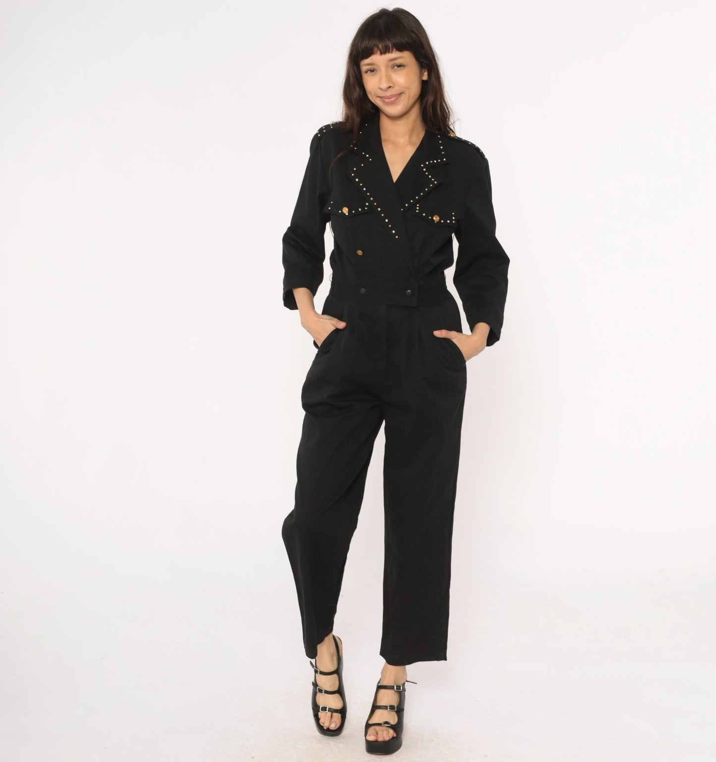 90s D Frank Black Cotton Jumpsuit Rhinestone V-Neck Wide Leg Small S