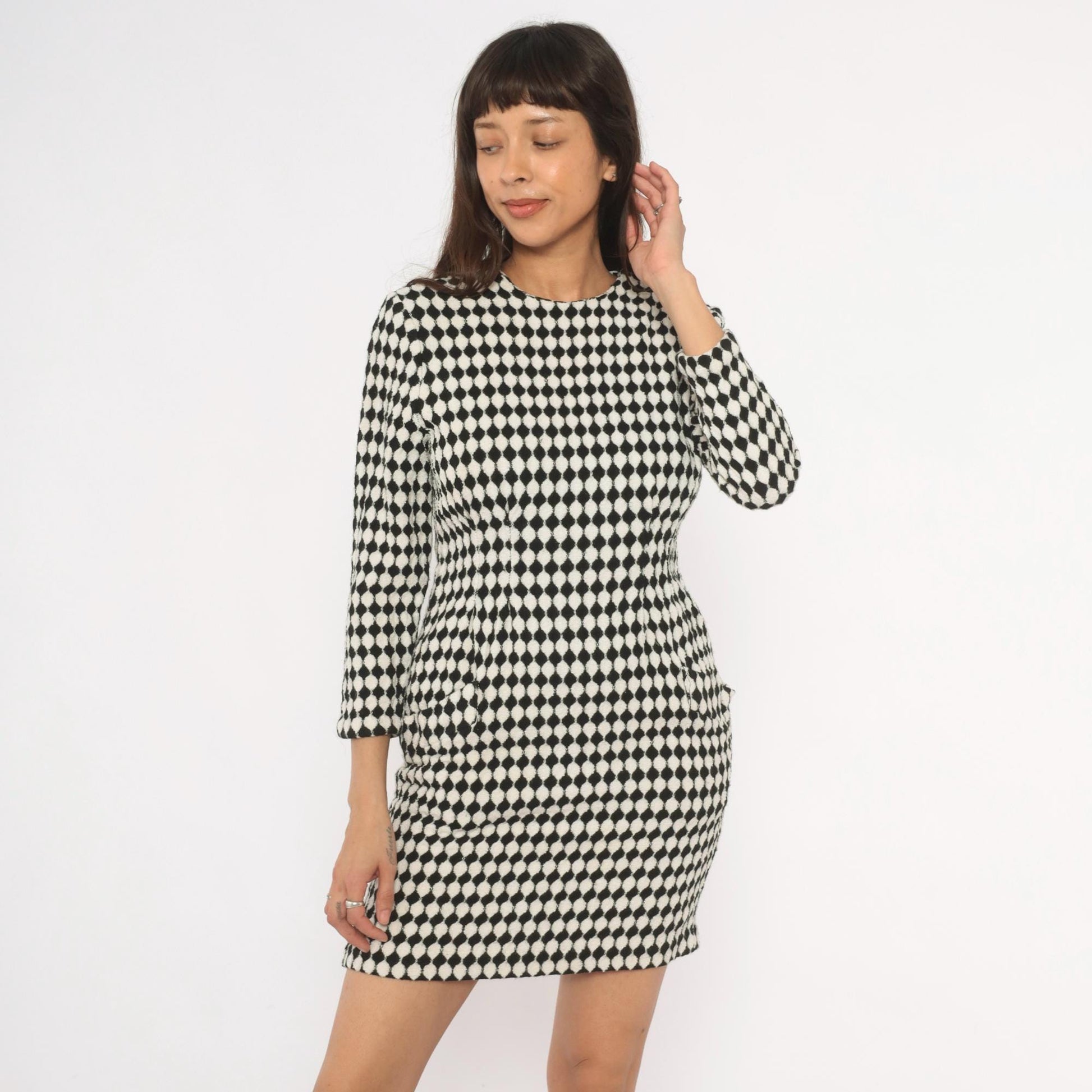 90s Jackie Bernard Checkerboard Mini Dress Black Cream Diamond Pattern Small S