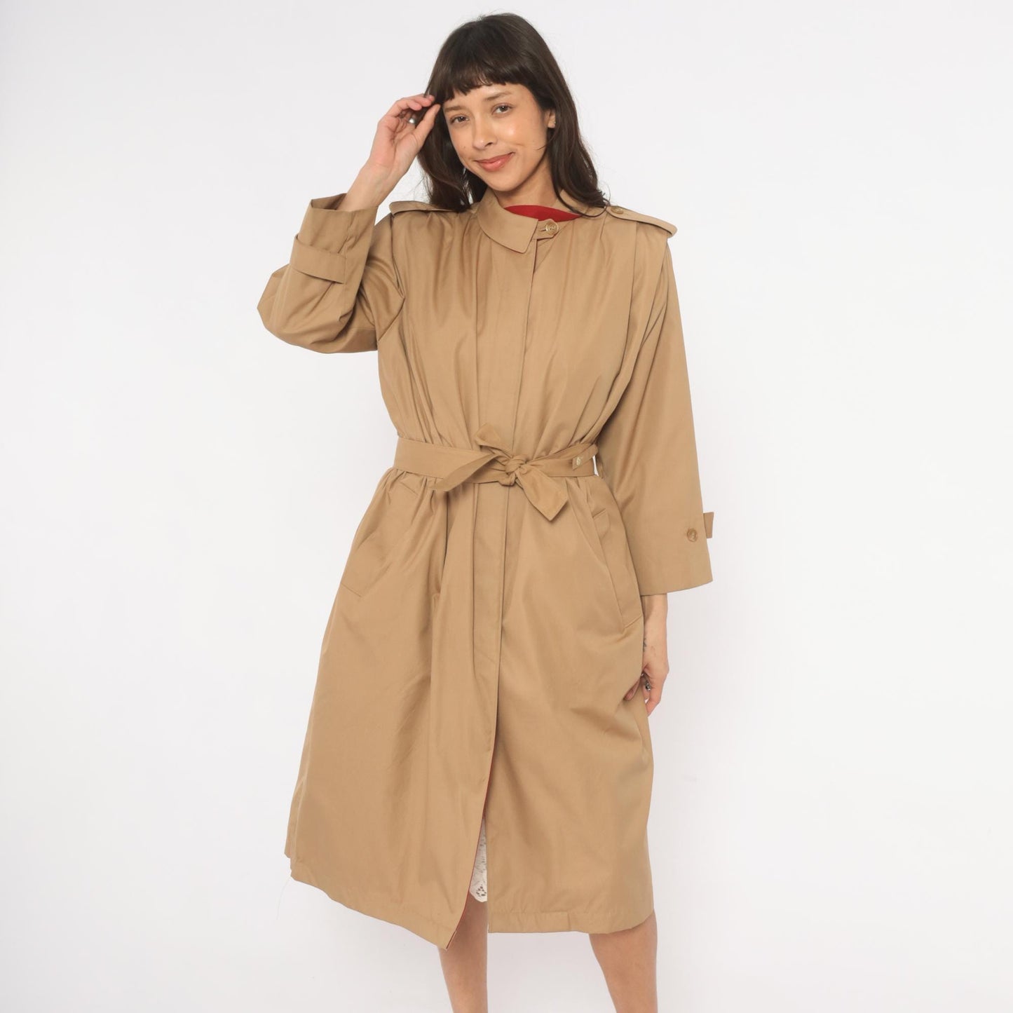 80s Tan Trench Coat Red Lined Button Front Epaulette Knee Length Large L