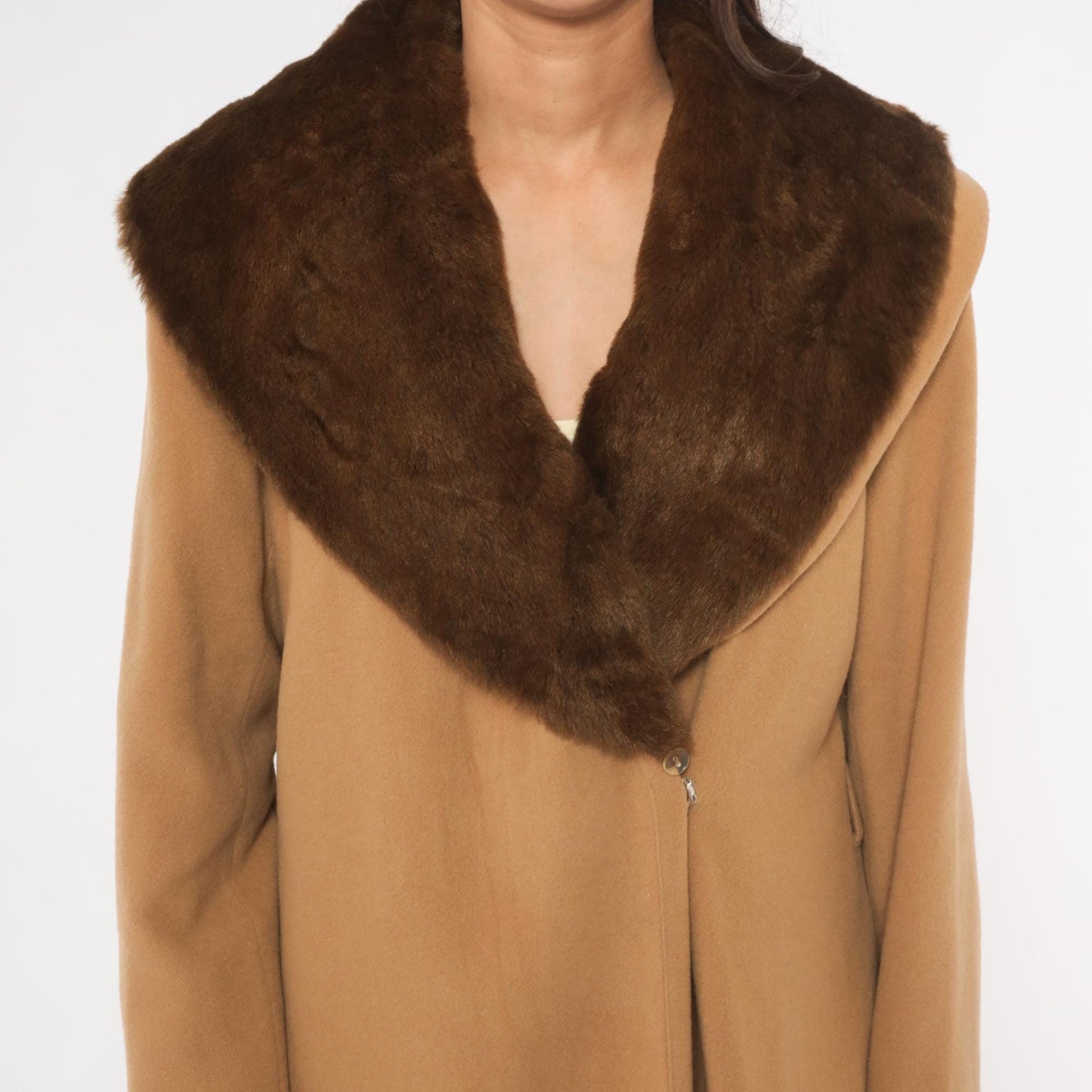 90s Spiegel Wool Cashmere Camel Coat Fur Collar Ankle Length Tan Medium M