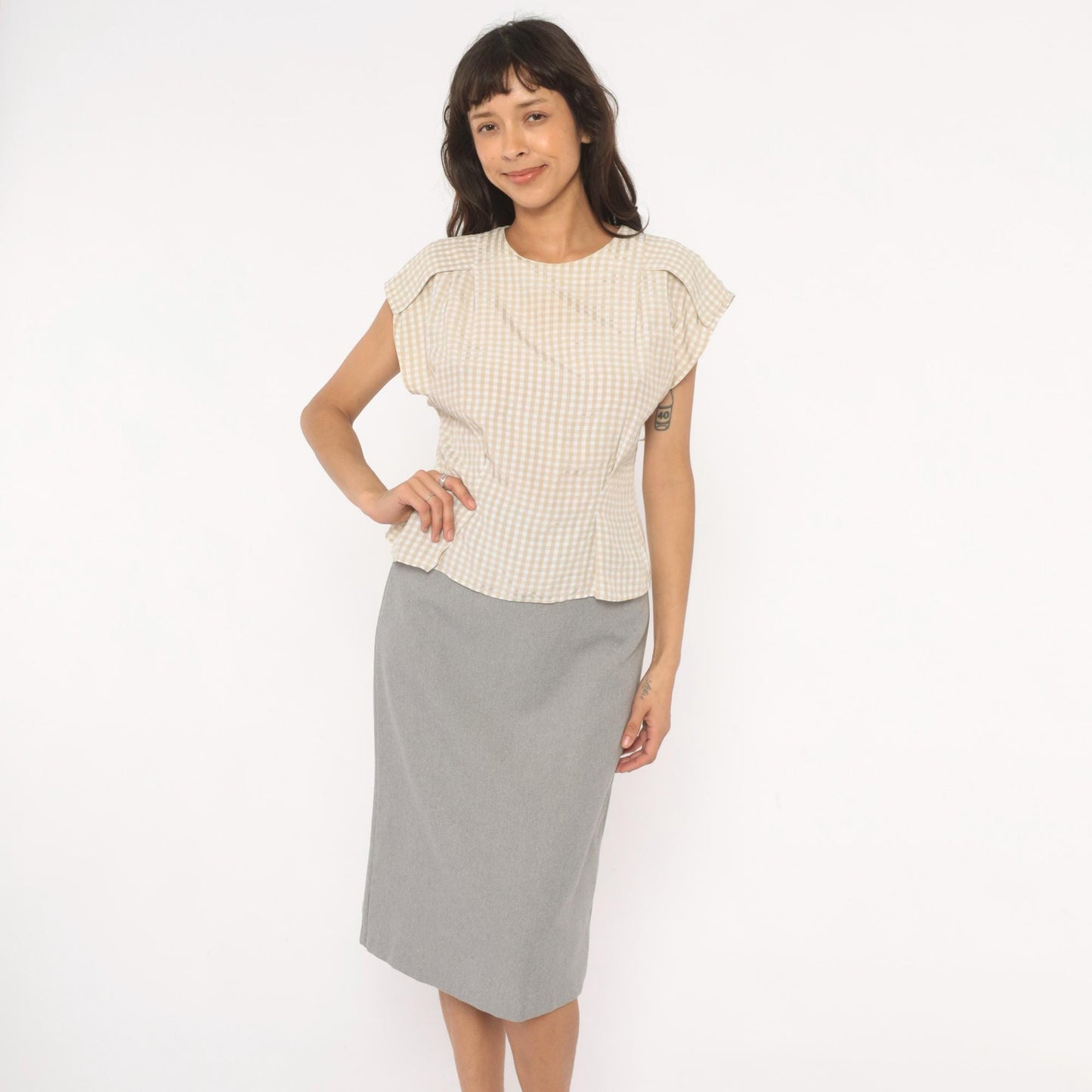 80s Componix Gingham Cap Sleeve Blouse Tan White Pintuck Peplum Medium