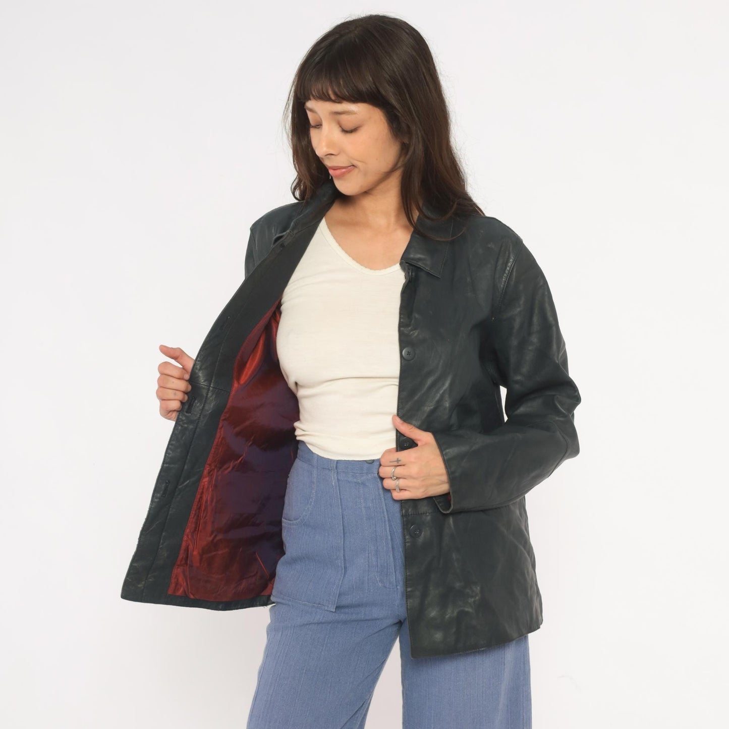 90s Katherine Kelly Black Lambskin Leather Jacket Button Front Large L