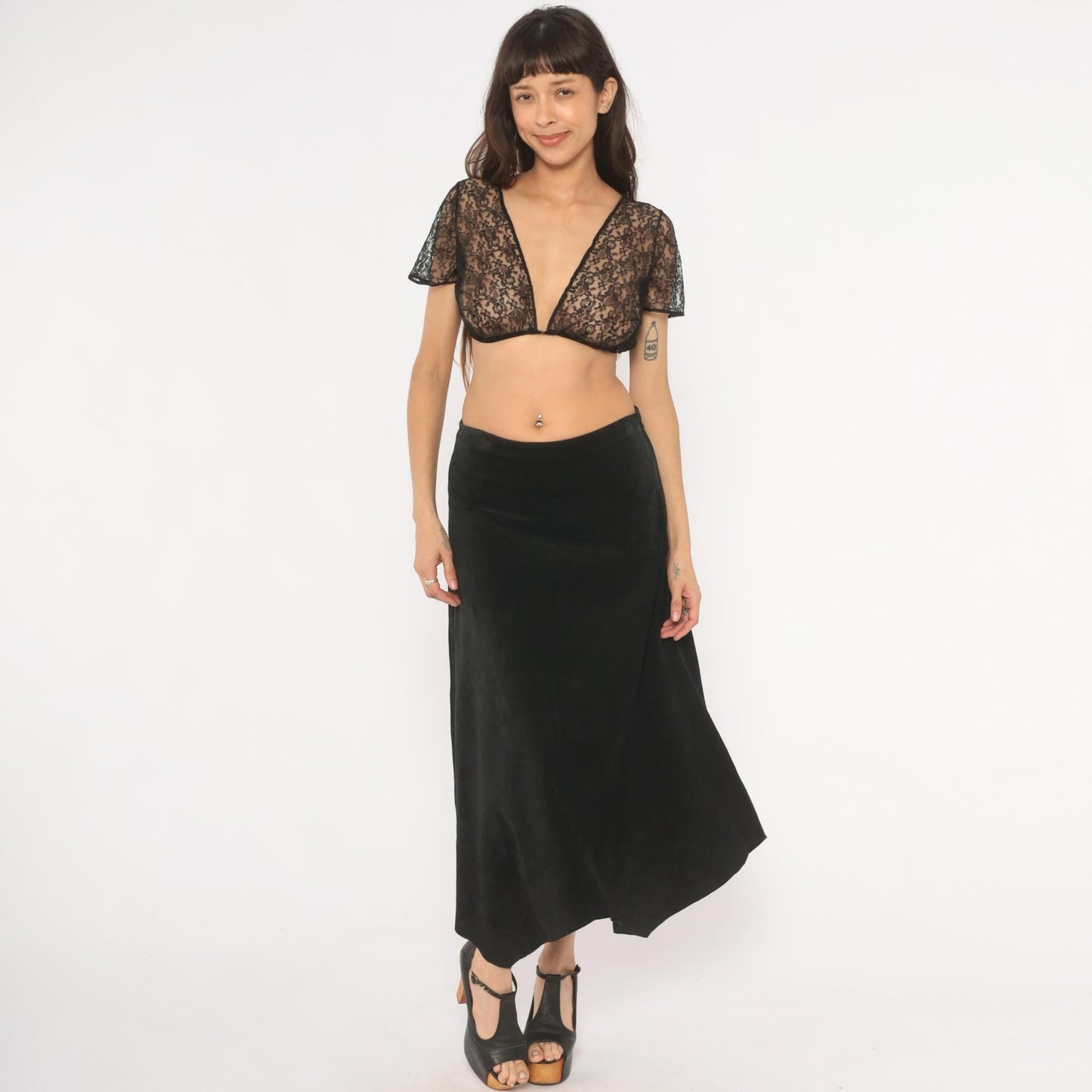 90s Provence Black Suede Midi Skirt Asymmetrical Handkerchief Hem High Waist Small