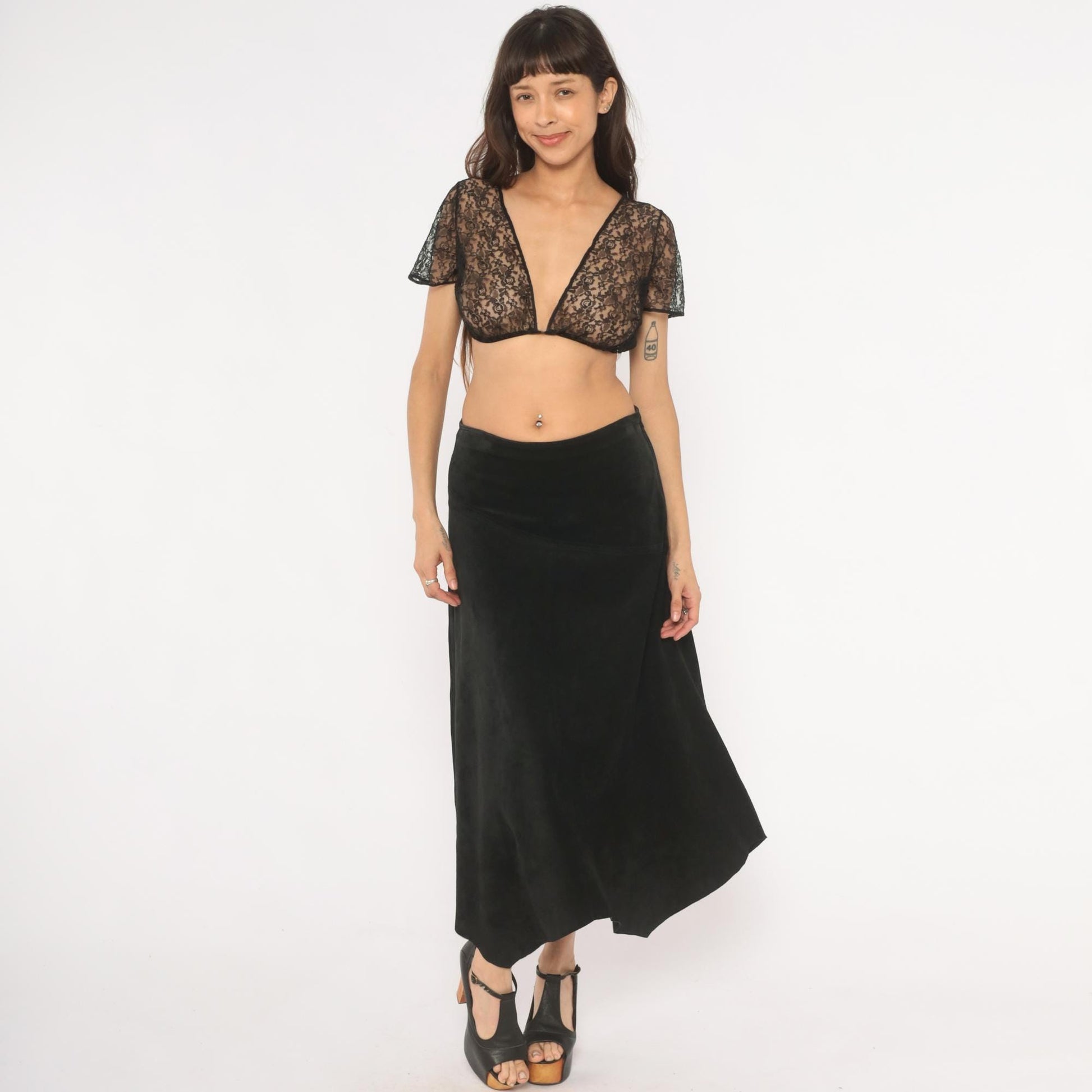 90s Provence Black Suede Midi Skirt Asymmetrical Handkerchief Hem High Waist Small