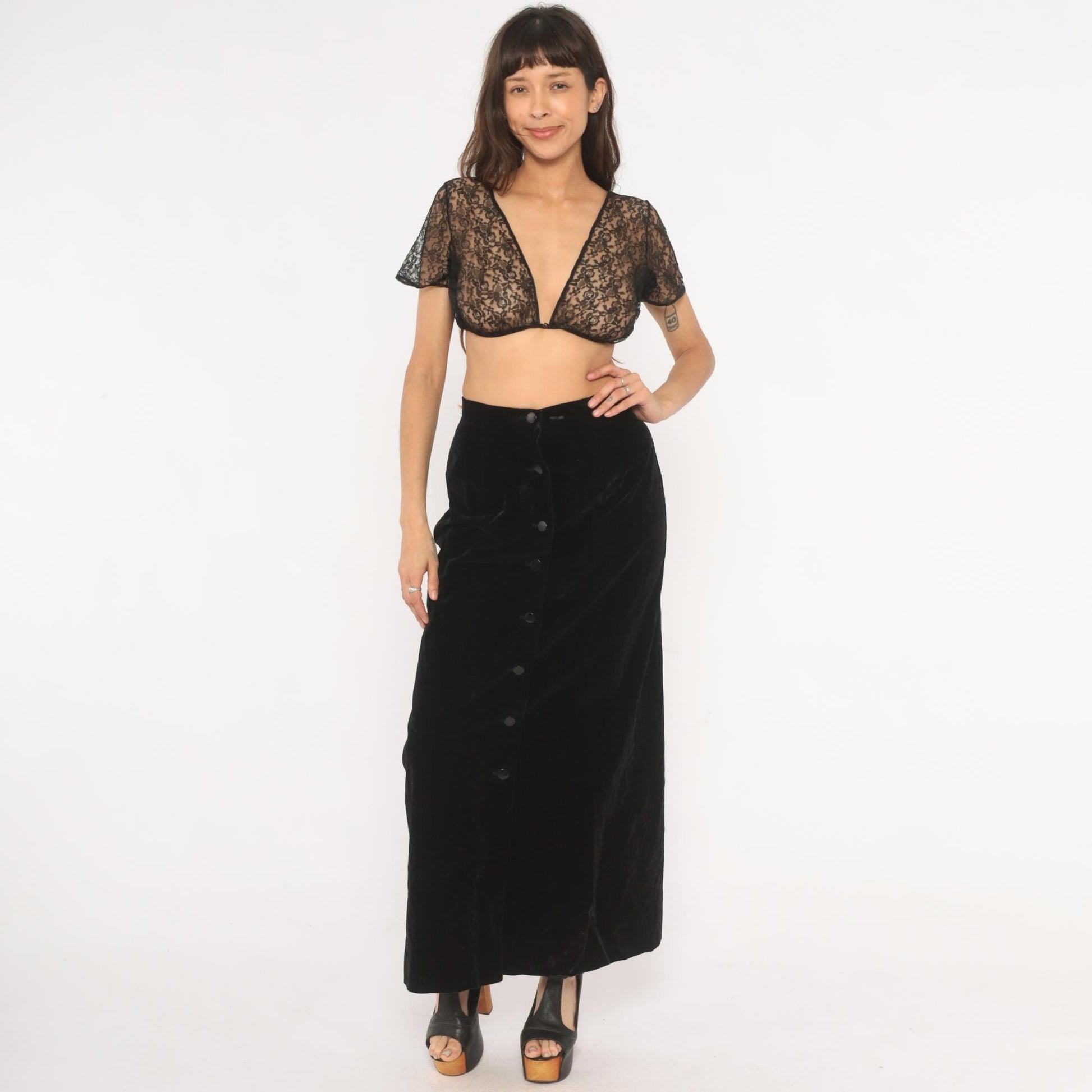 90s Black Velvet Maxi Skirt Button Front A-Line High Waist Small S