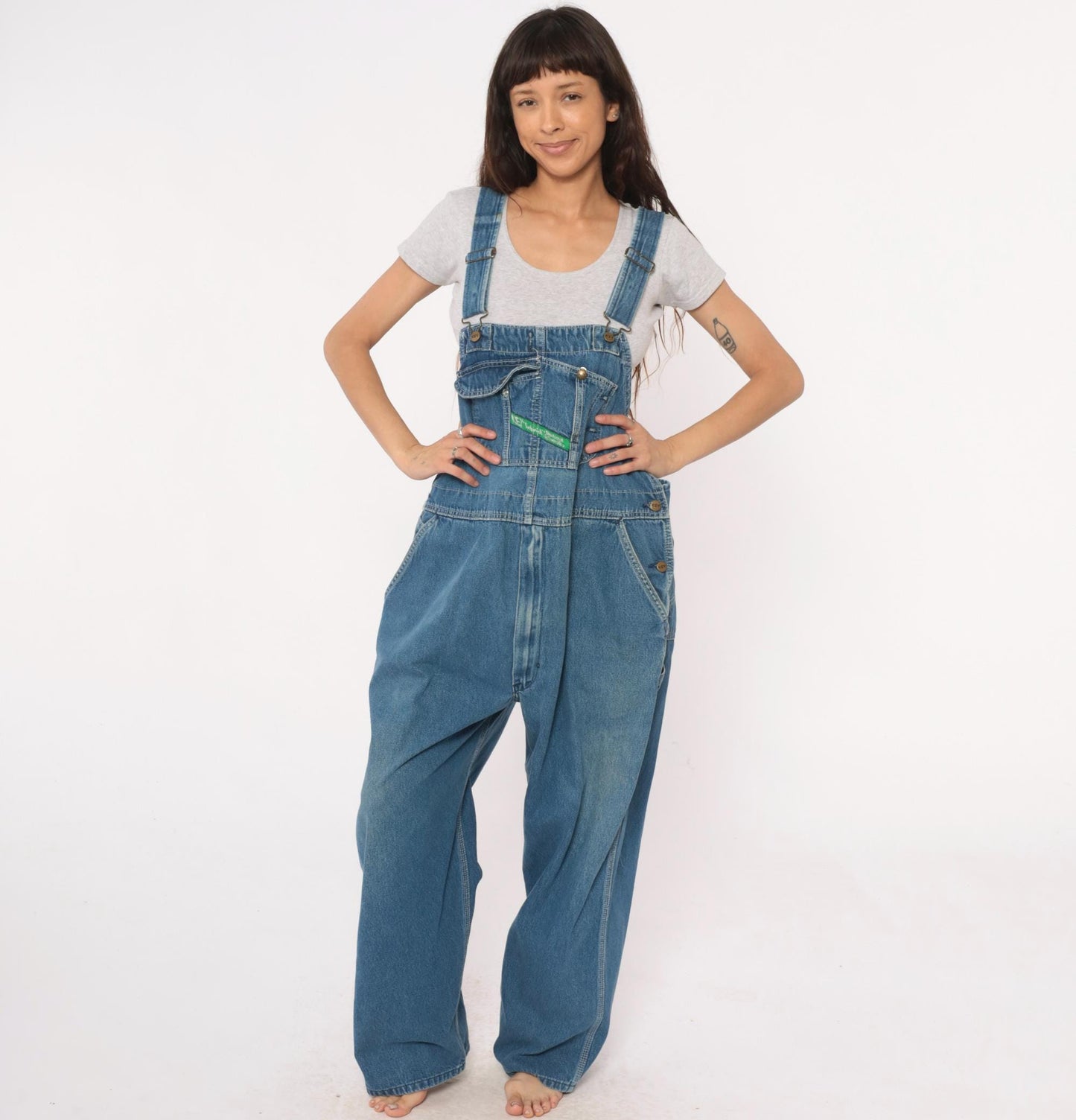 90s Key Denim Overalls Medium Blue Wide Leg Bib Dungarees Utility Pockets