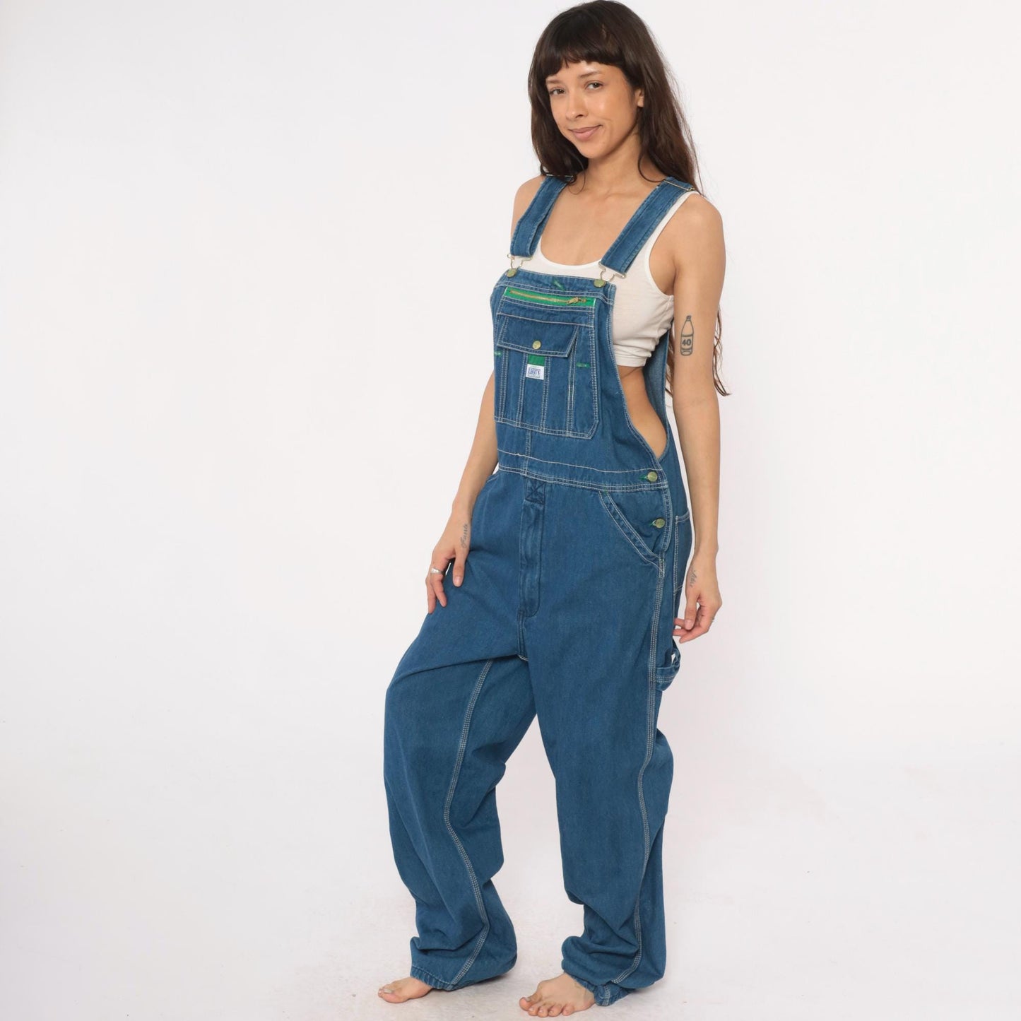 Y2K Liberty Medium Blue Denim Overalls Green Trim Zippered Bib Extra Large