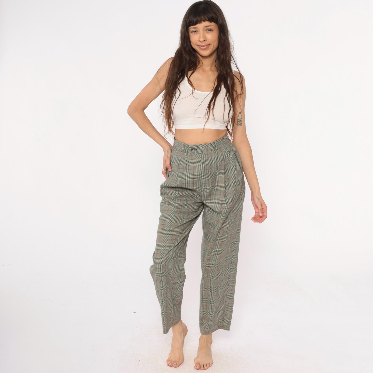 80s Barry Bricken Wool Plaid High-Waisted Trousers Grey Small S