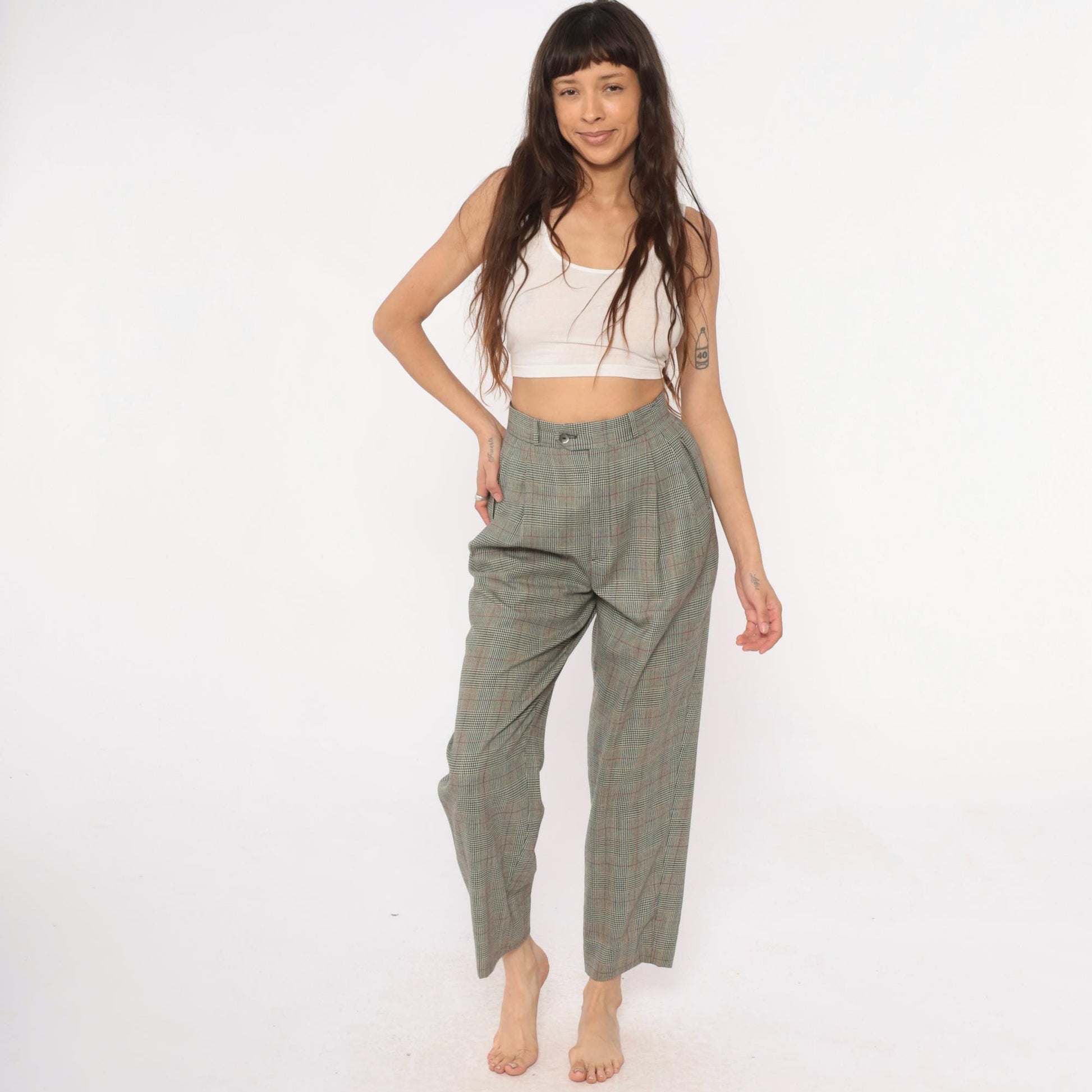 80s Barry Bricken Wool Plaid High-Waisted Trousers Grey Small S
