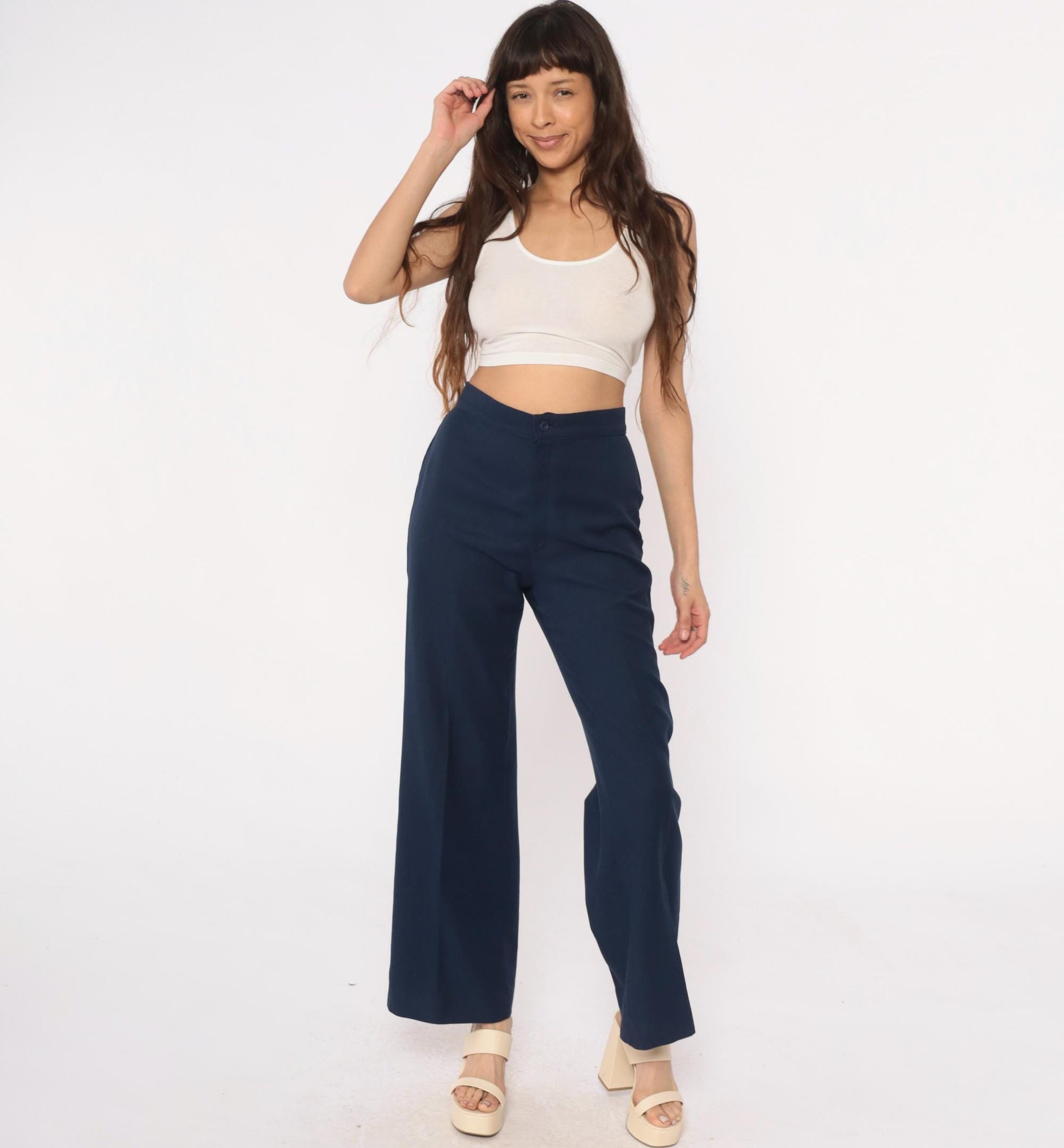 70s Levi Strauss High-Waisted Wide-Leg Navy Trousers Small