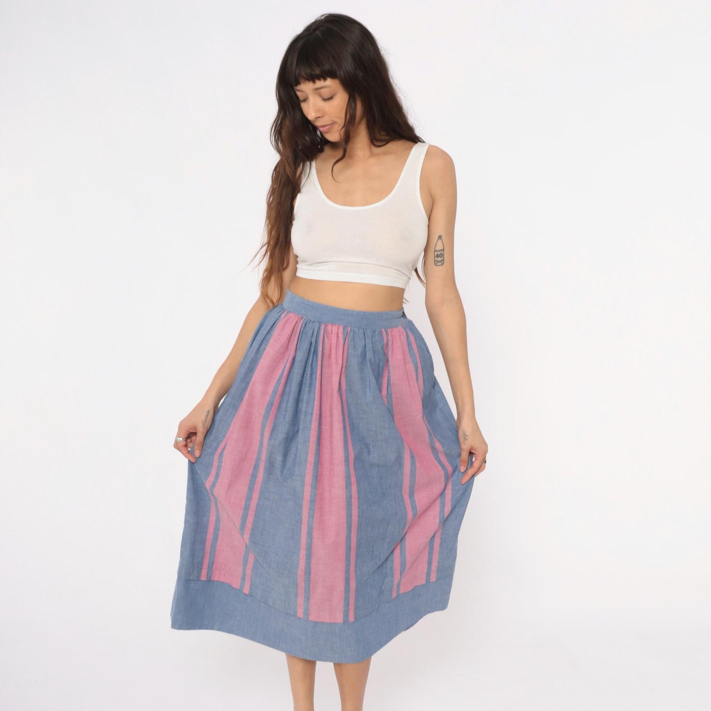 80s Blue Pink Striped Midi Skirt High Waist Gathered Full Skirt Small S