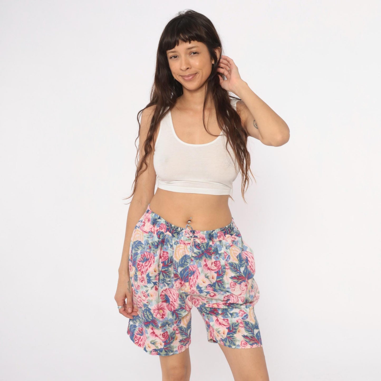 90s Kikimi Sketches Floral Shorts High Waist Wide Leg Cream Cotton Medium M