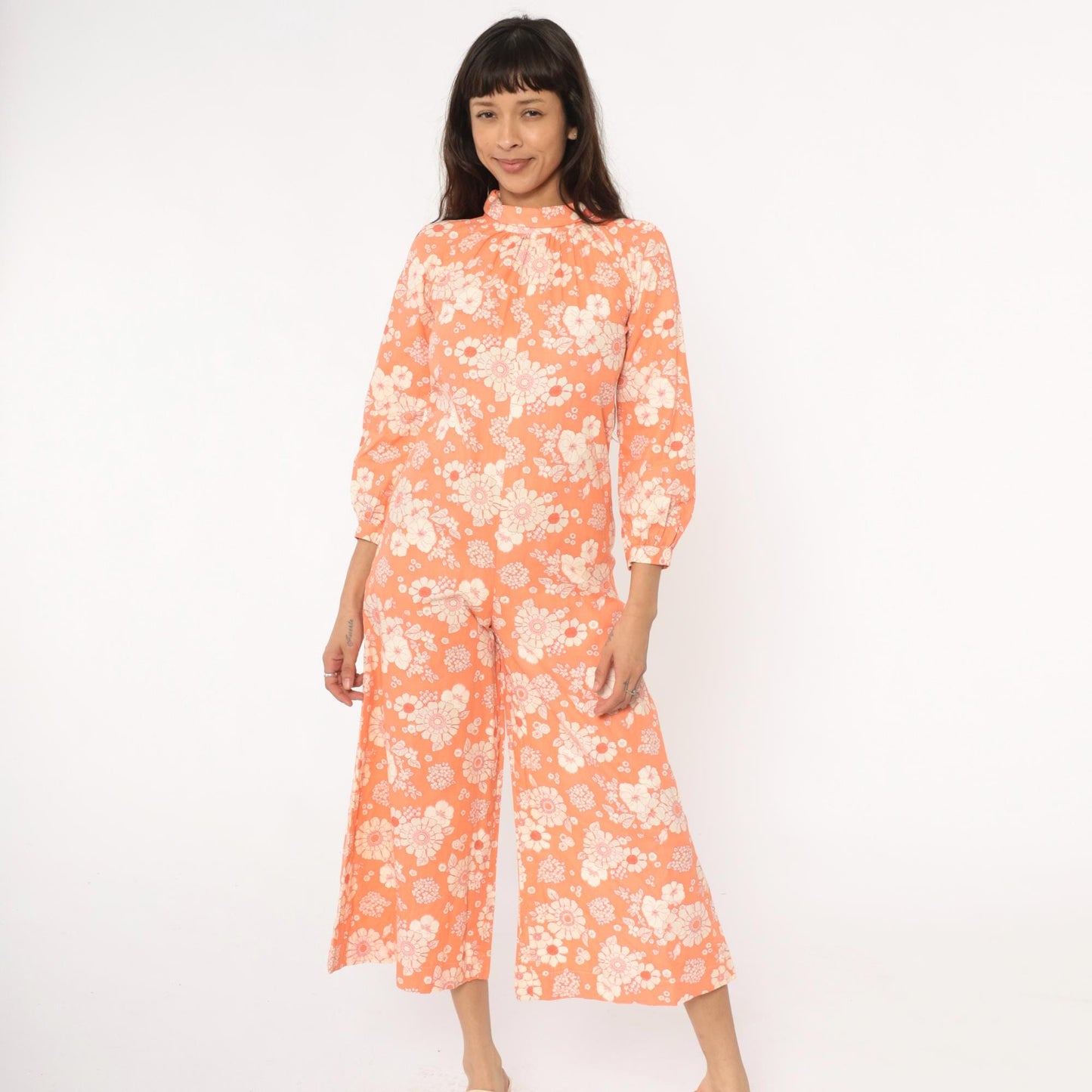 70s Orange Floral Jumpsuit Mock Neck Wide Leg Cream White Cotton Small