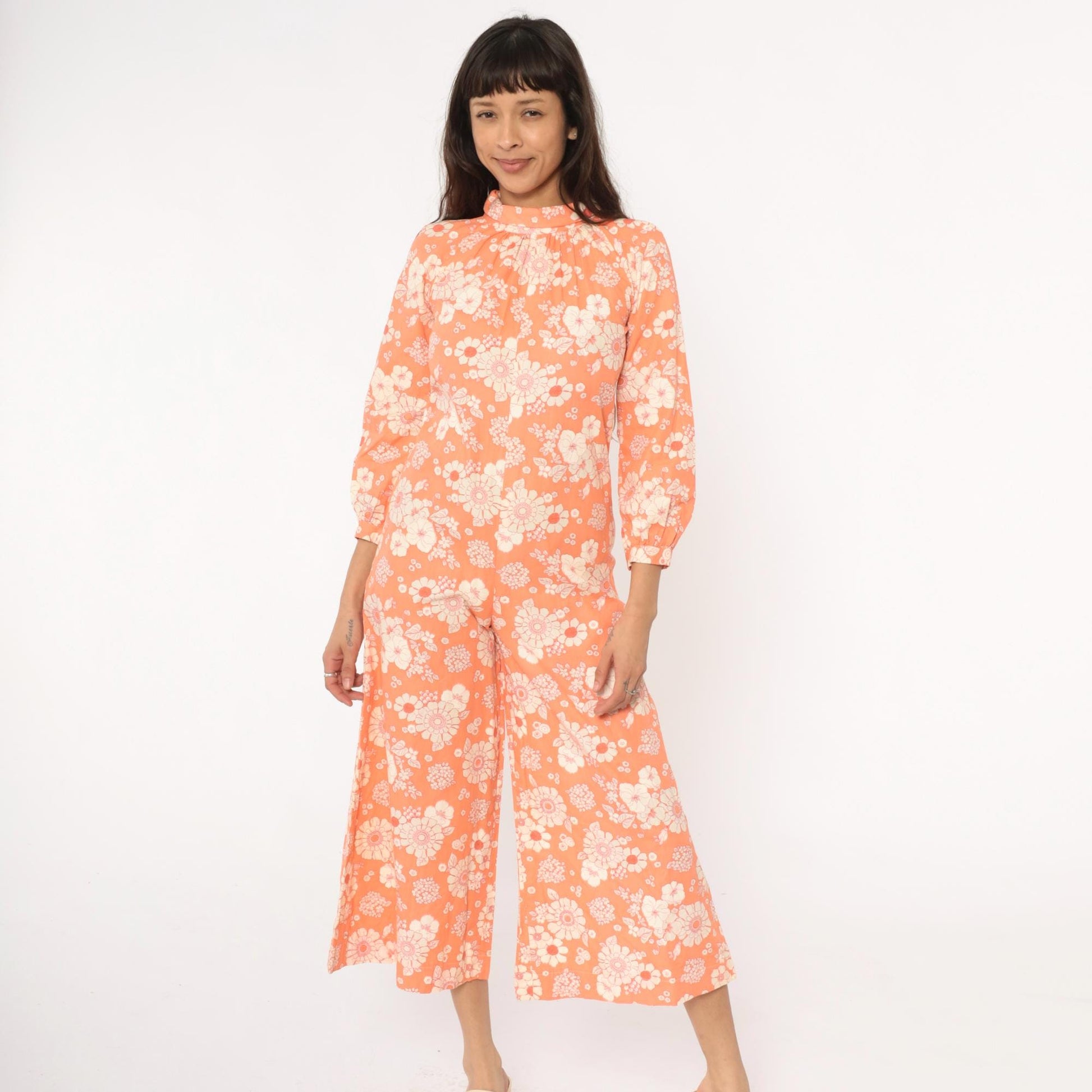 70s Orange Floral Jumpsuit Mock Neck Wide Leg Cream White Cotton Small