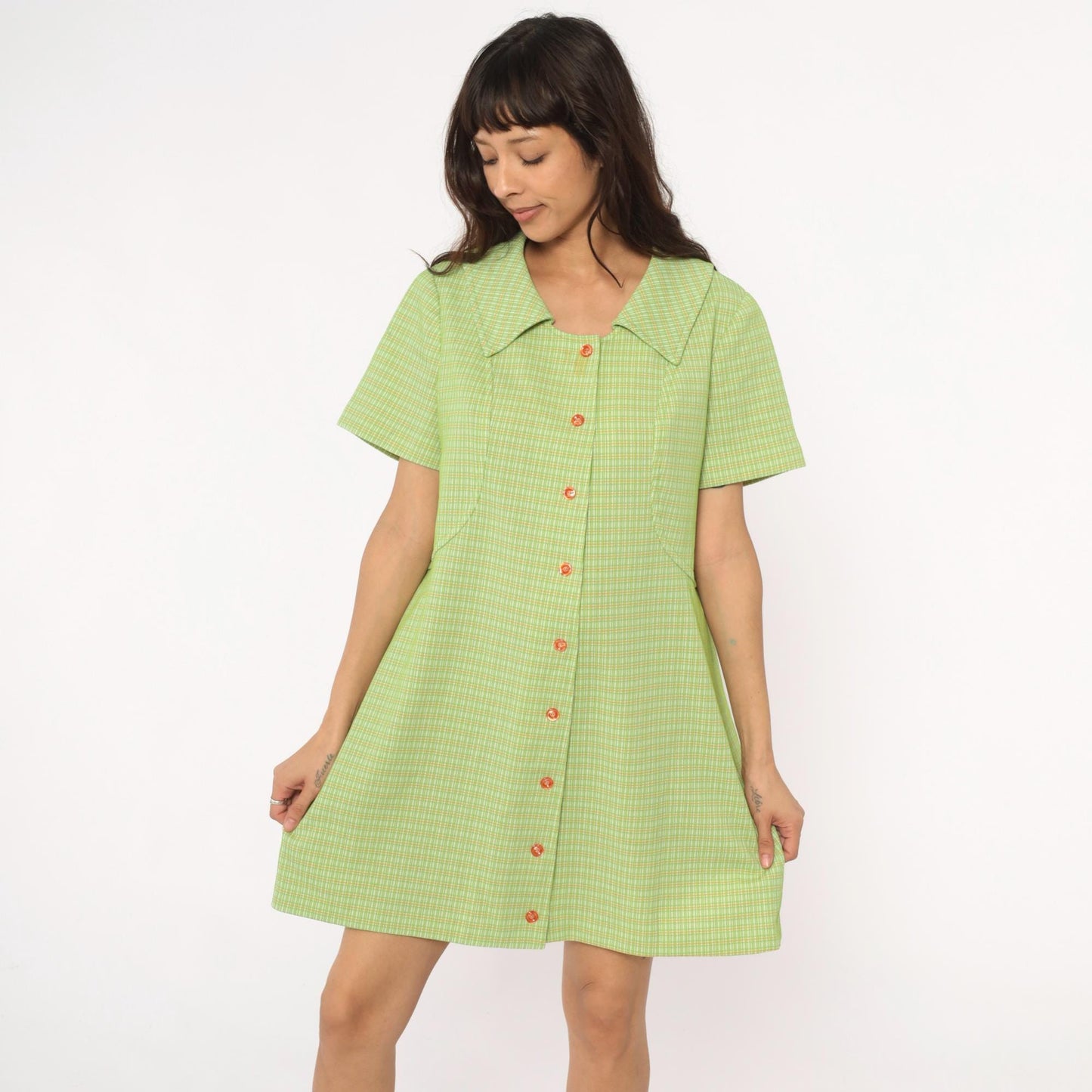 70s Green Yellow Checkered Mini Shift Dress Pointed Collar Short Sleeve Large L