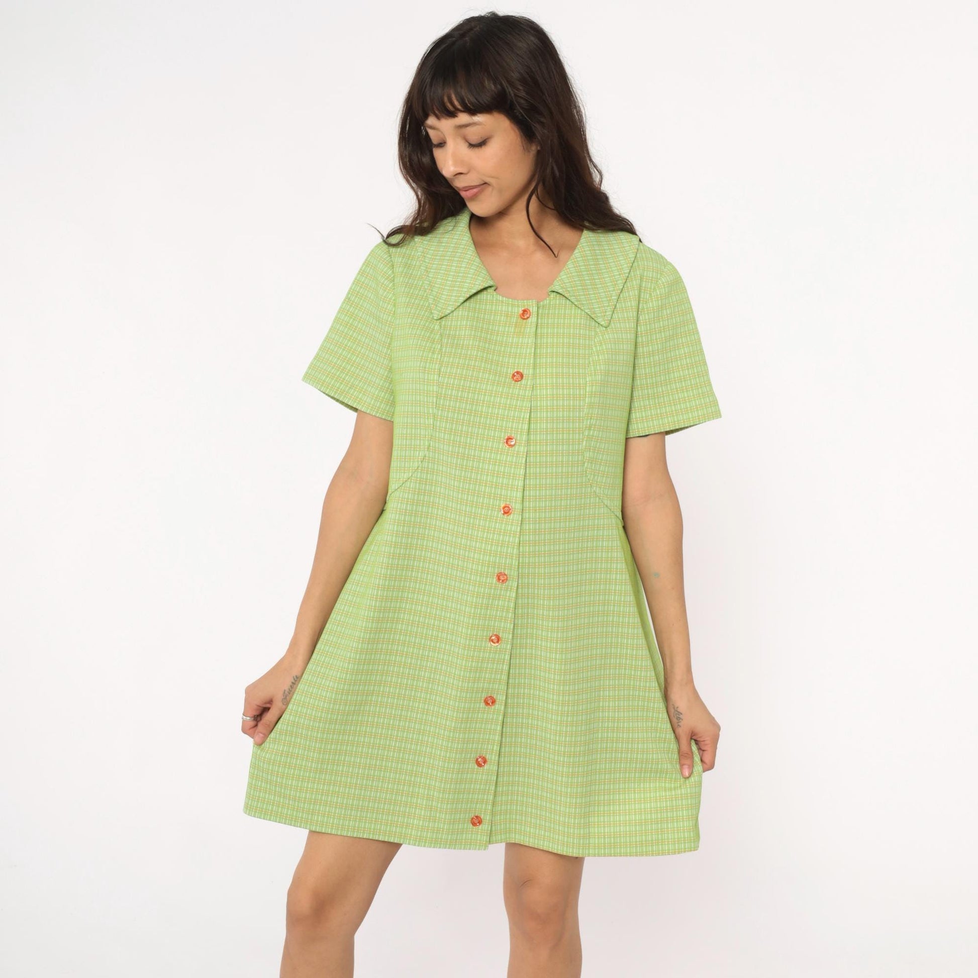 70s Green Yellow Checkered Mini Shift Dress Pointed Collar Short Sleeve Large L