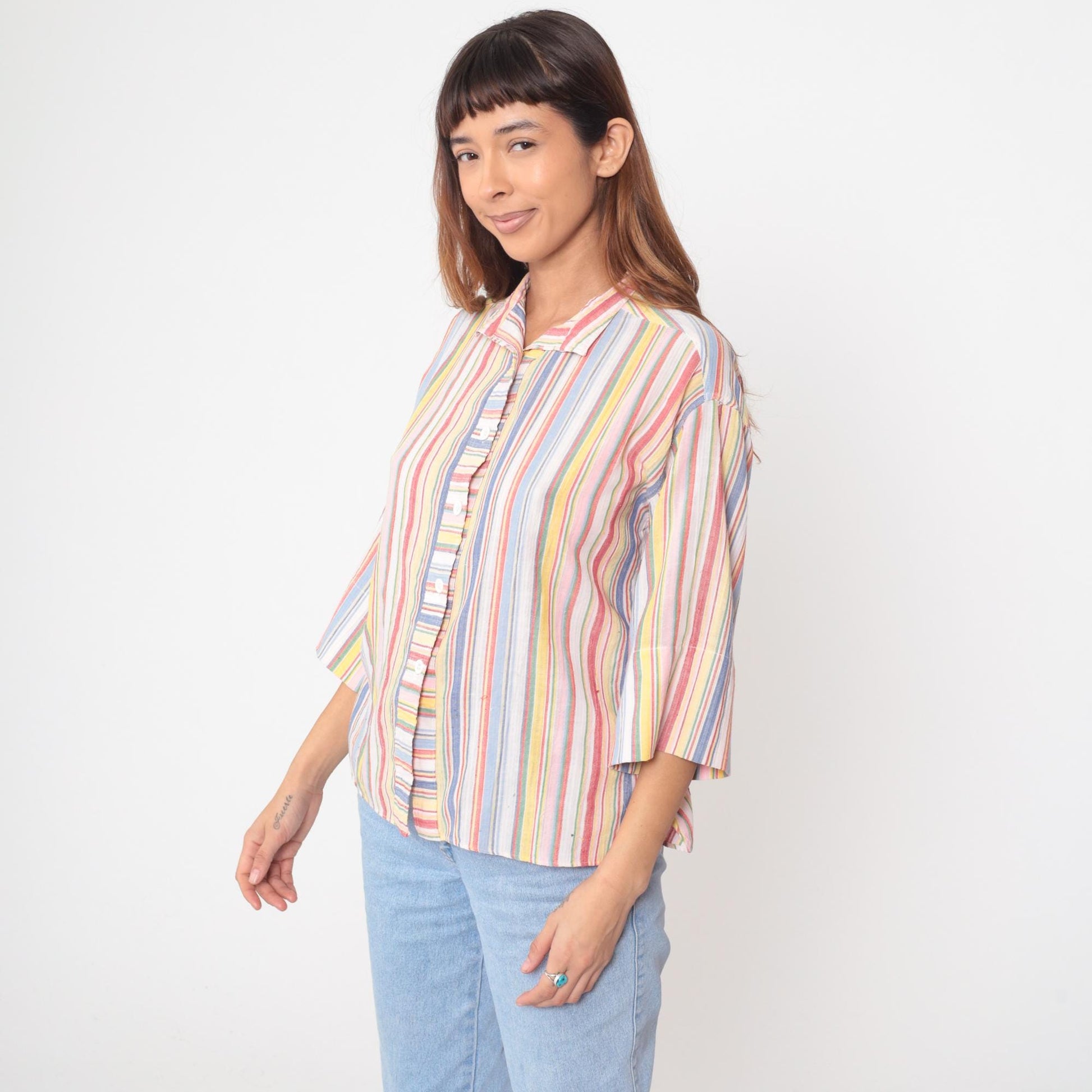80s Lady Manhattan Rainbow Stripe Button Blouse Multicolor Cotton Medium M