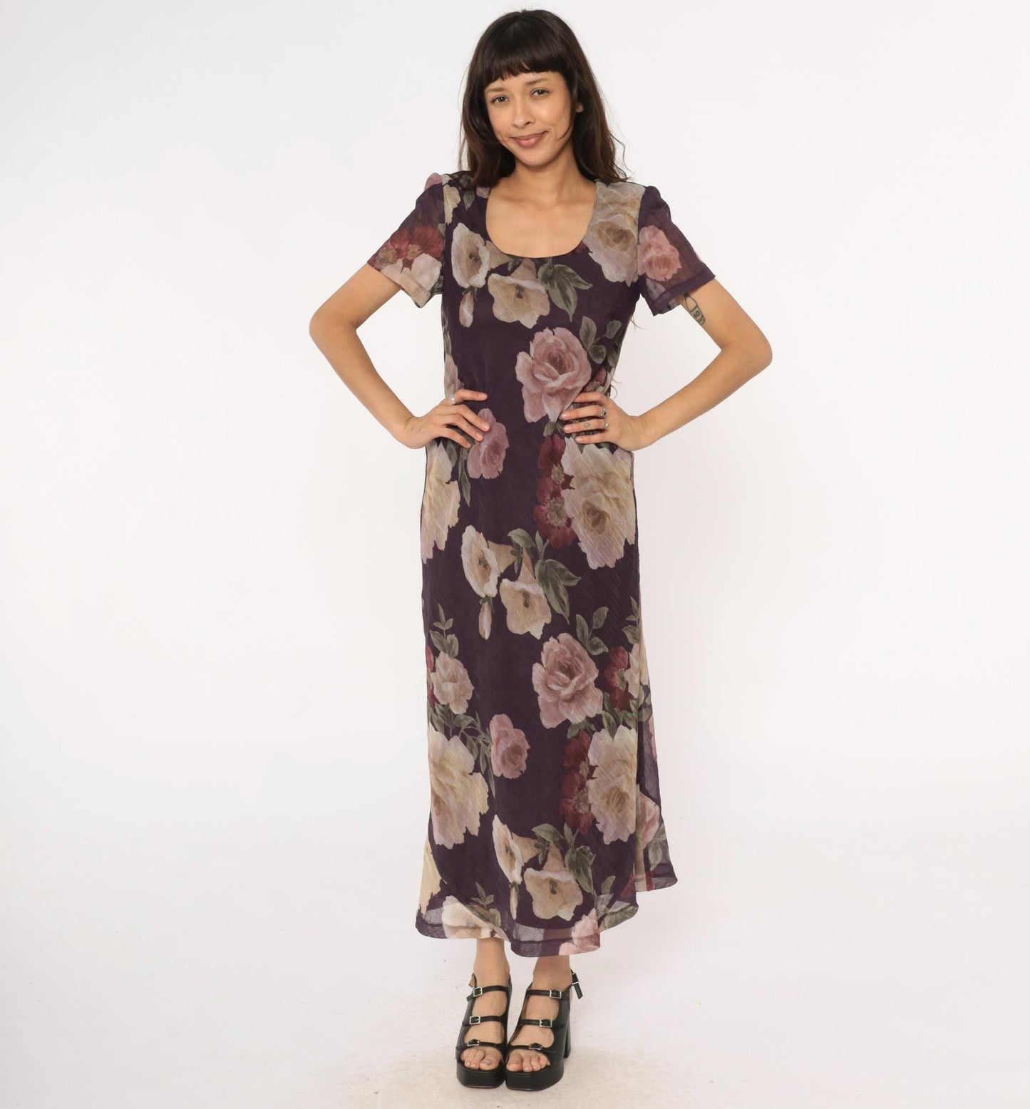 90s Jessica Howard Floral Maxi Dress Purple Rose Print Short Sleeve Medium
