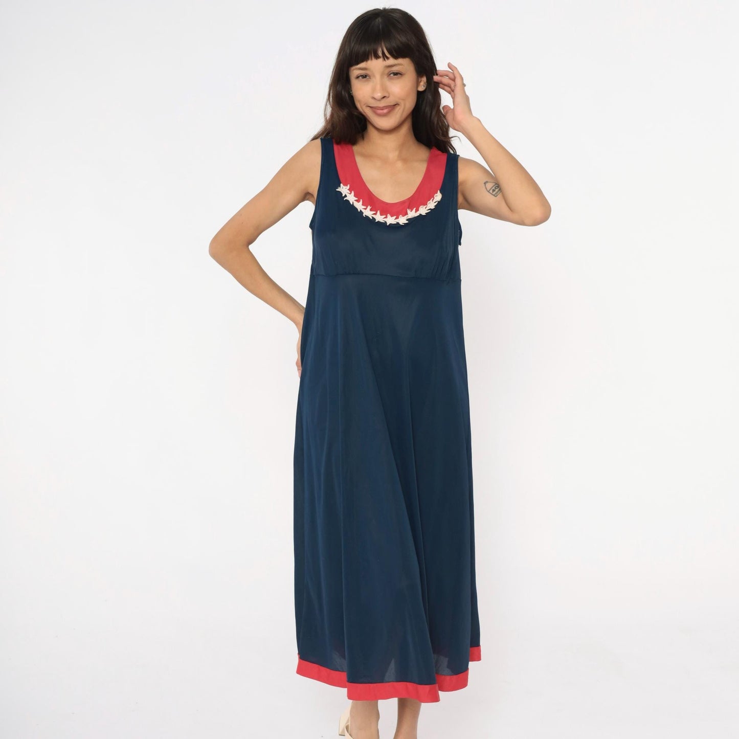 70s Navy Maxi Dress Stars Embroidered Red Trim Empire Waist Medium