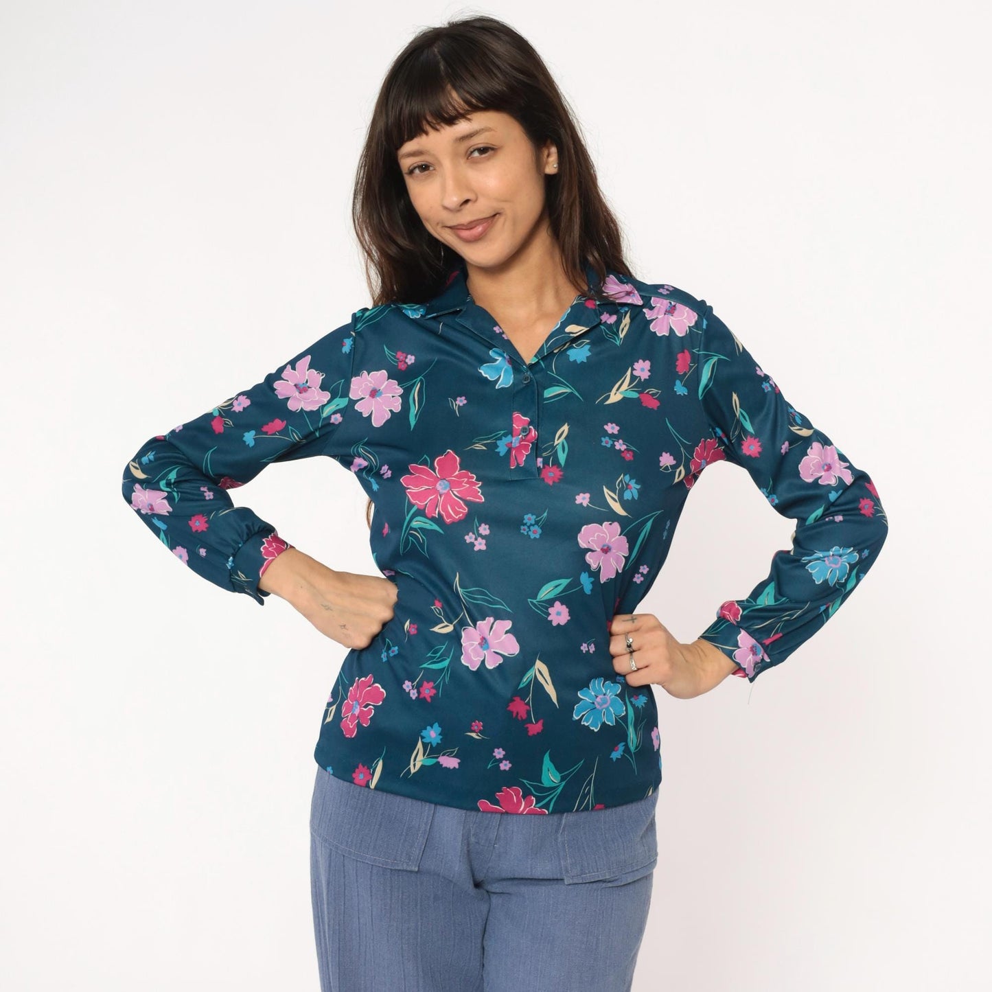 80s Teal Floral Blouse Navy Pink Purple Flowers Long Sleeve Button Up Medium