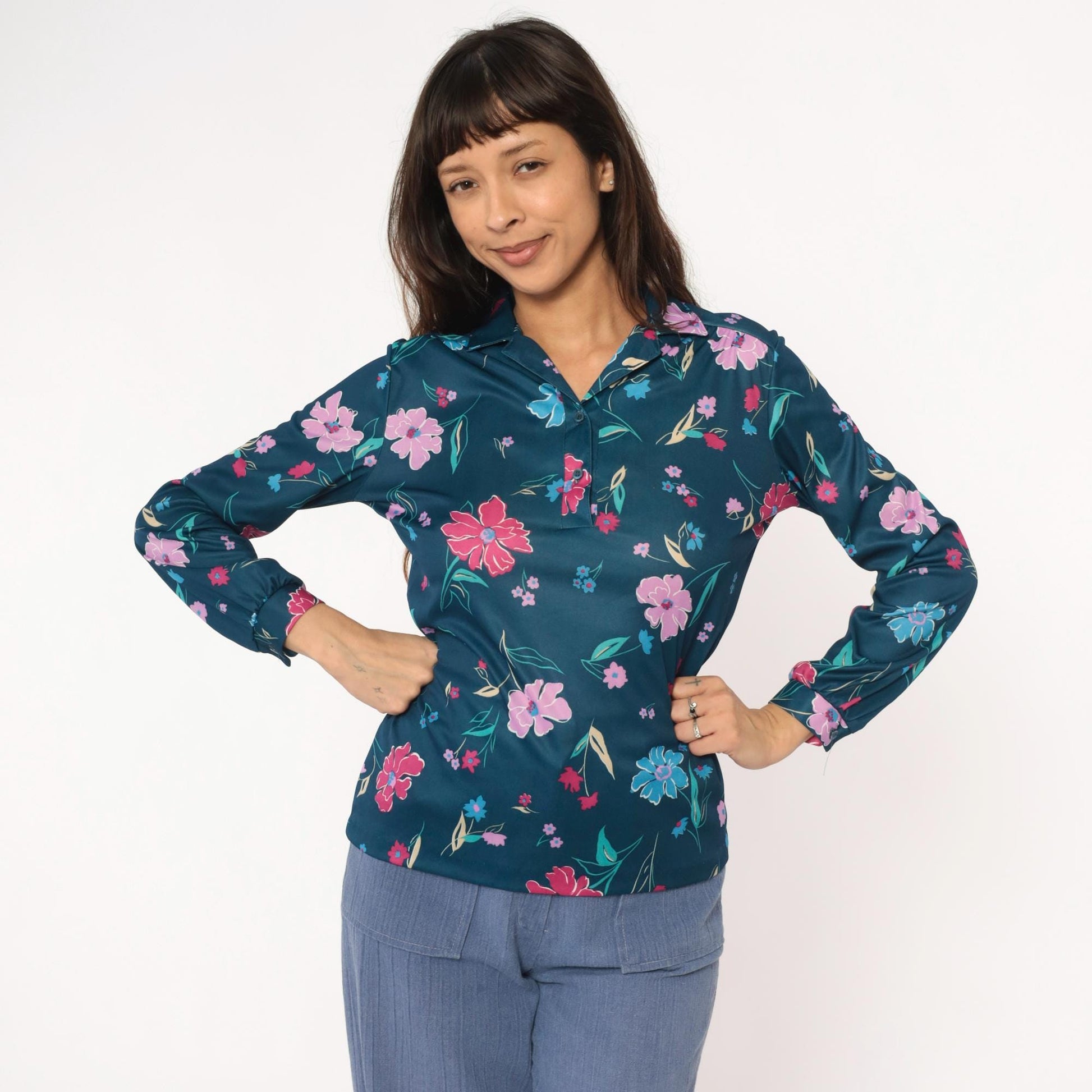 80s Teal Floral Blouse Navy Pink Purple Flowers Long Sleeve Button Up Medium
