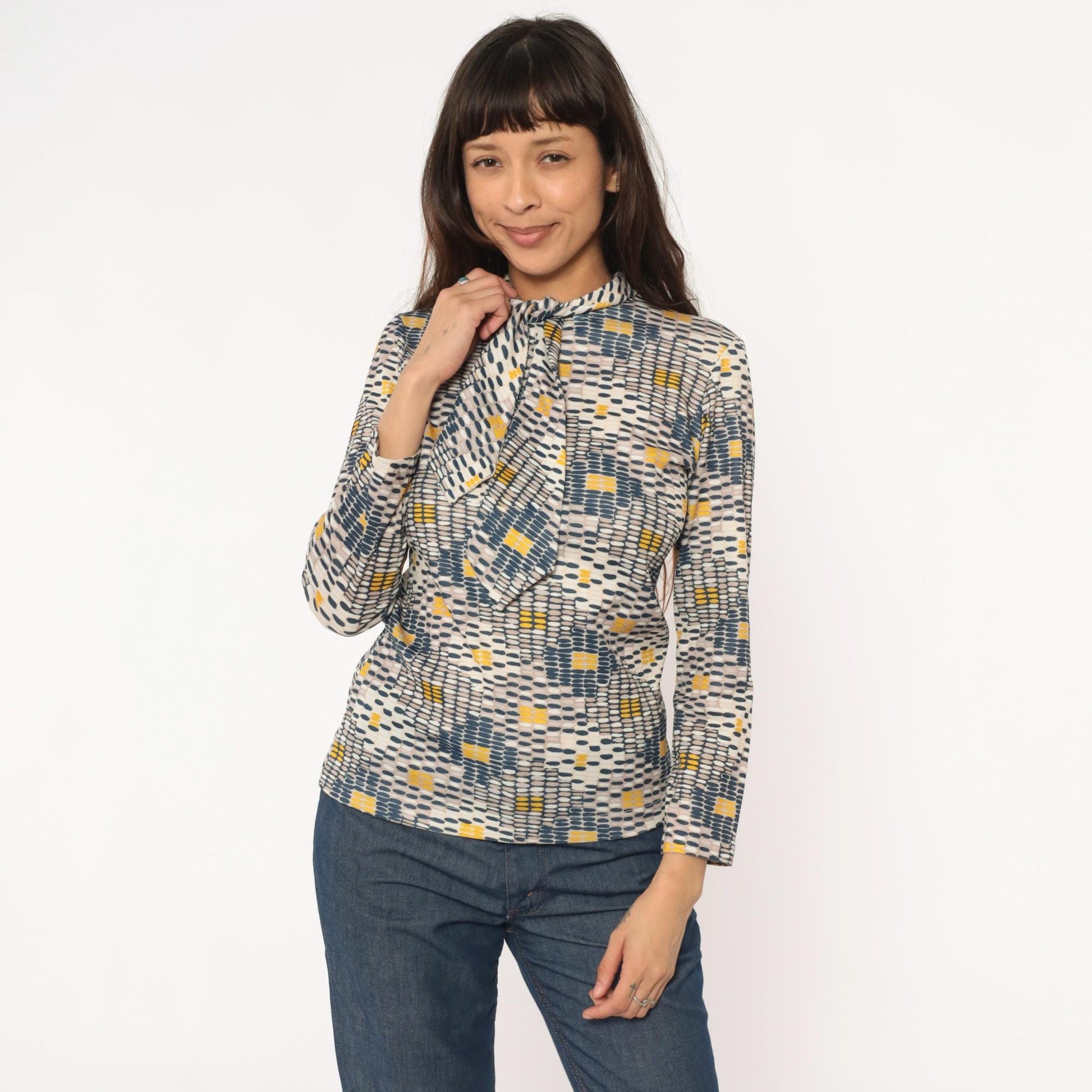 70s Sears Geometric Print Pussy Bow Blouse Navy Mustard Cream Small