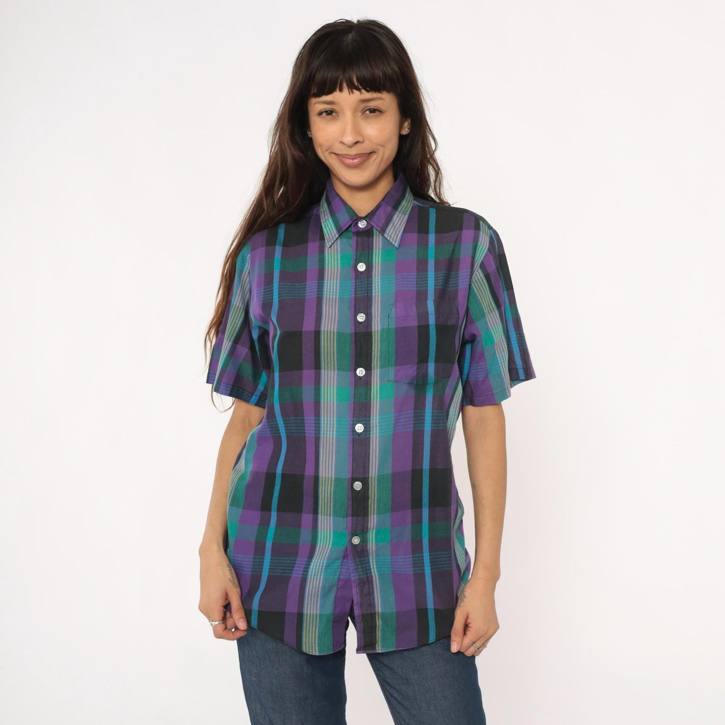 80s Plaid Button-Up Shirt Purple Green Teal Check Short Sleeve Medium