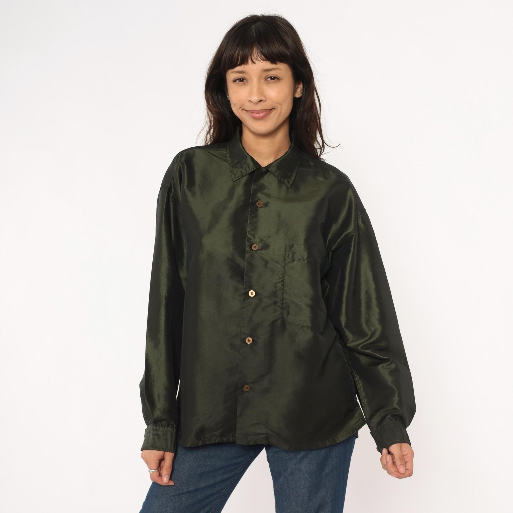 Y2K Olive Green Button-Up Shirt Sqwear Collared Long Sleeve Medium