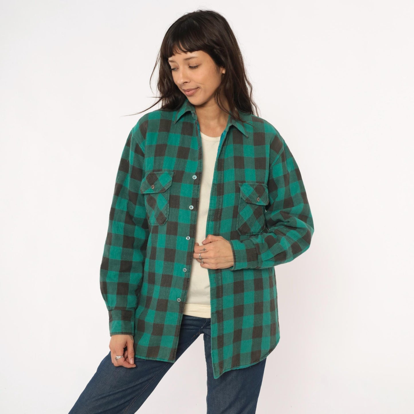 90s Sports Afield Buffalo Plaid Flannel Shirt Green Black Quilted Medium M