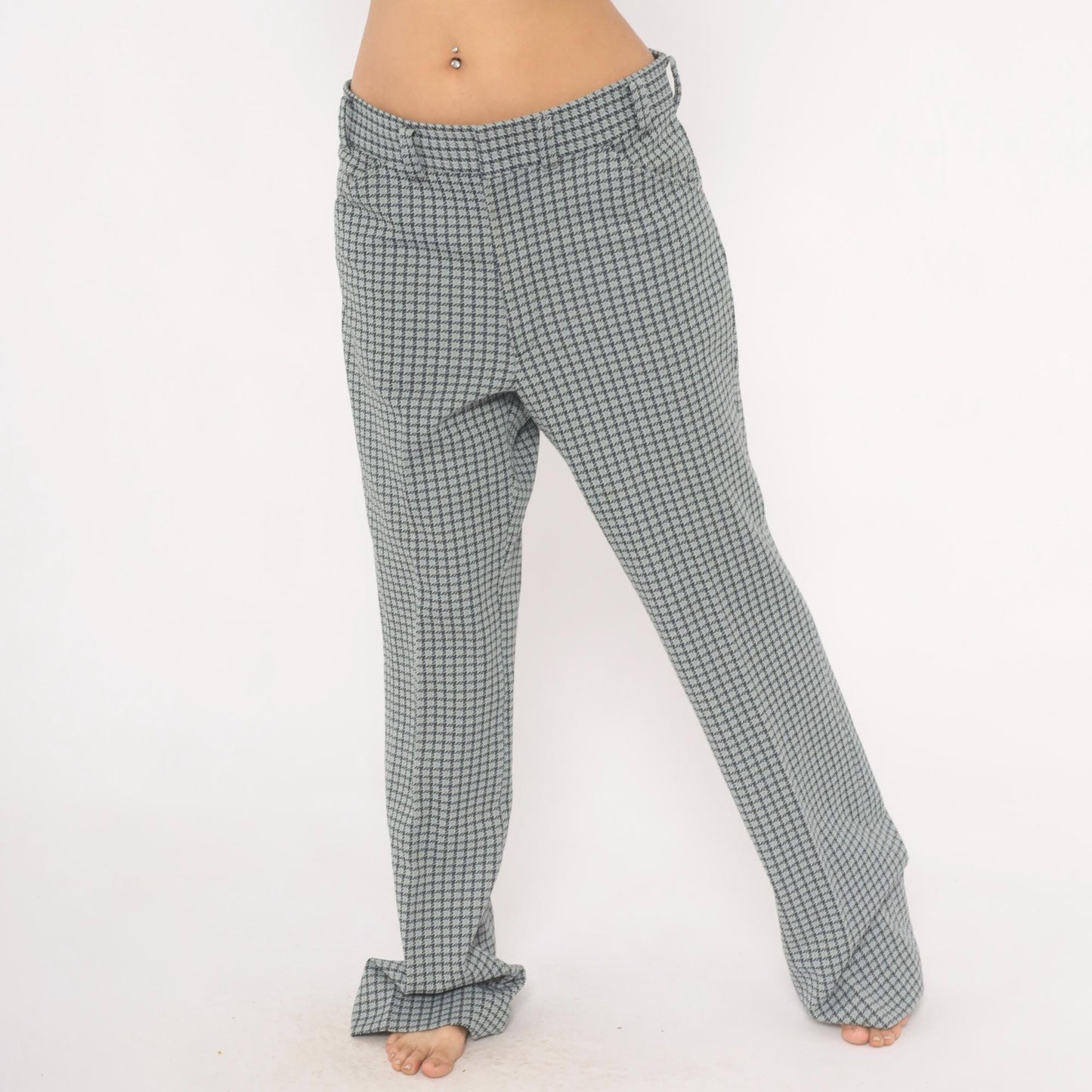 70s Houndstooth Trousers Blue Grey High Rise Straight Leg Slacks 35