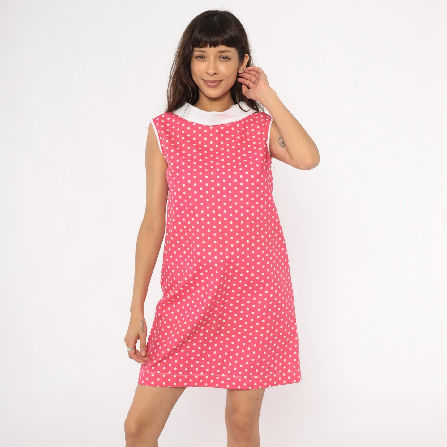 90s Pink Polka Dot Shift Dress White Peter Pan Collar Small