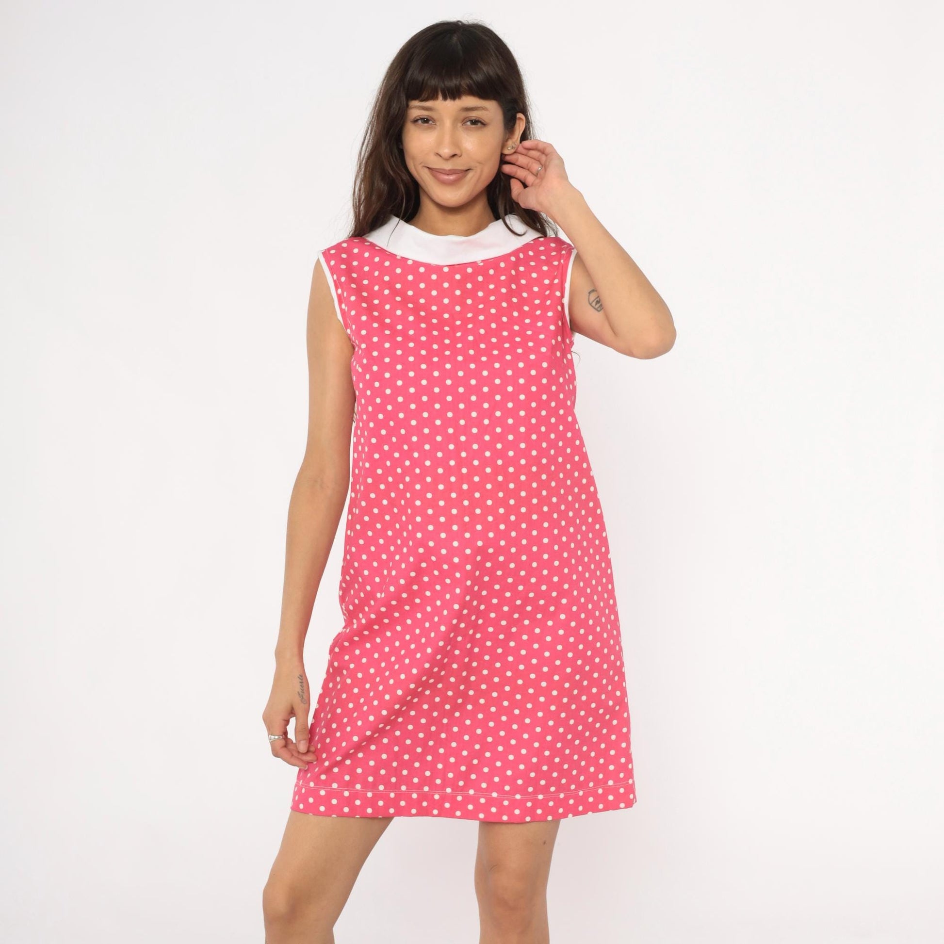 90s Pink Polka Dot Shift Dress White Peter Pan Collar Small
