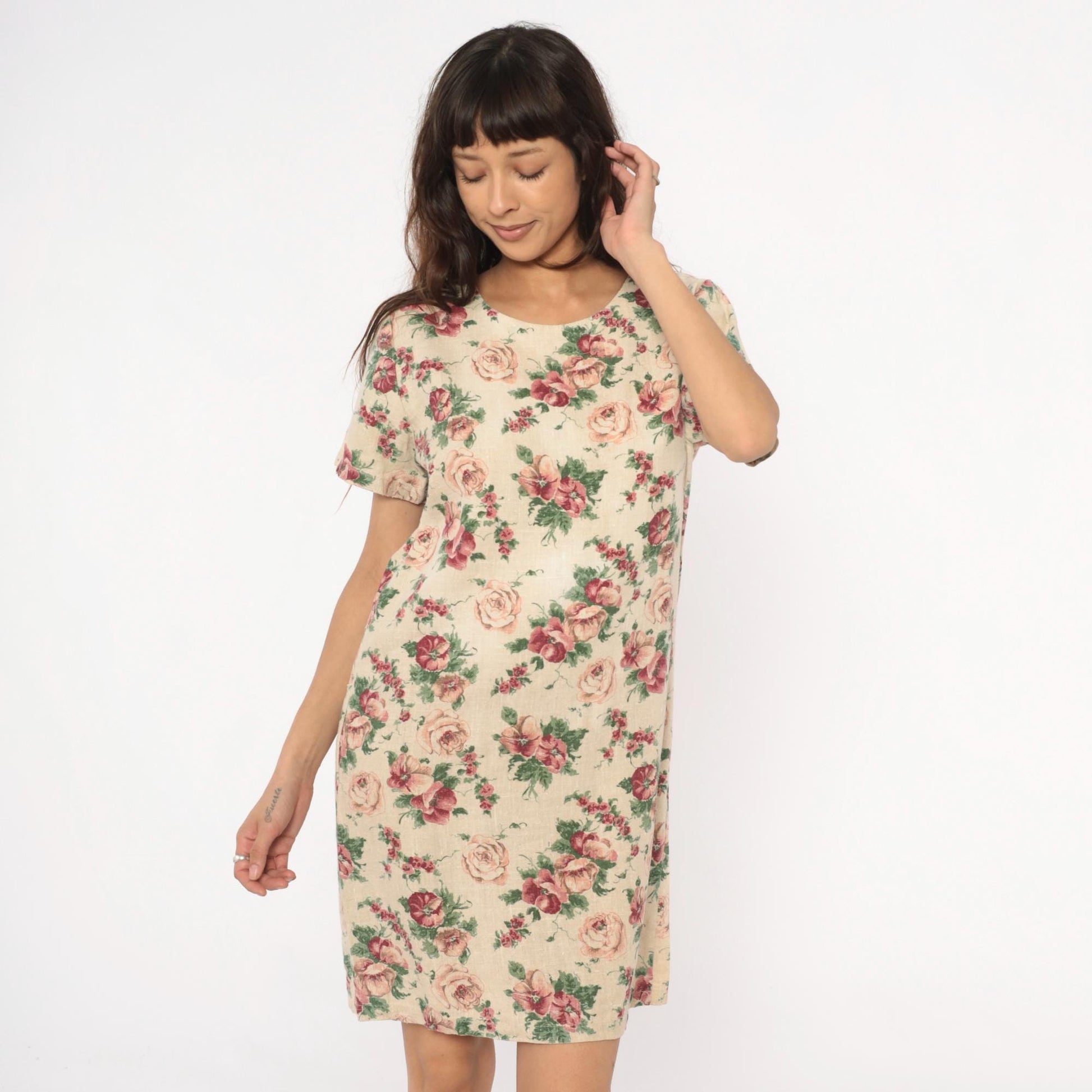 80s Floral Hawaiian Dress Linen Blend Cream Pink Tapestry Print Shift Medium