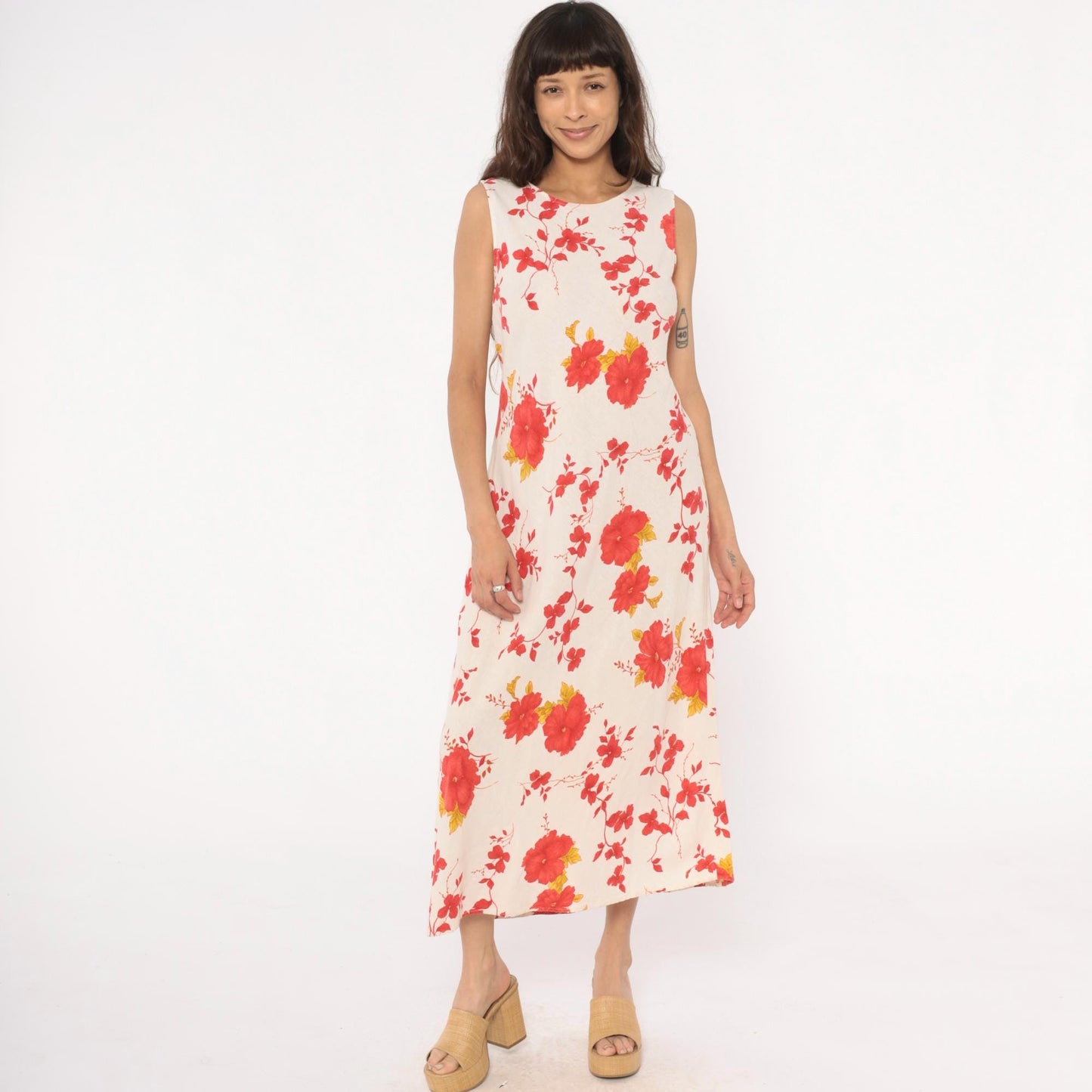 90s Lennie New York Floral Linen Maxi Dress Cream Red Yellow Large L