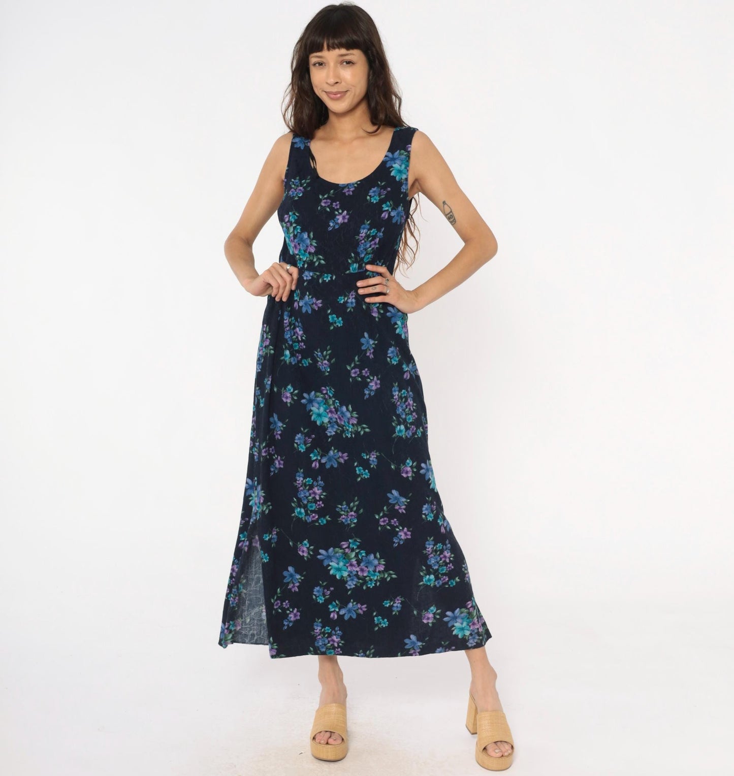 90s Karin Stevens Floral Maxi Dress Dark Blue Purple Sleeveless Tank Large