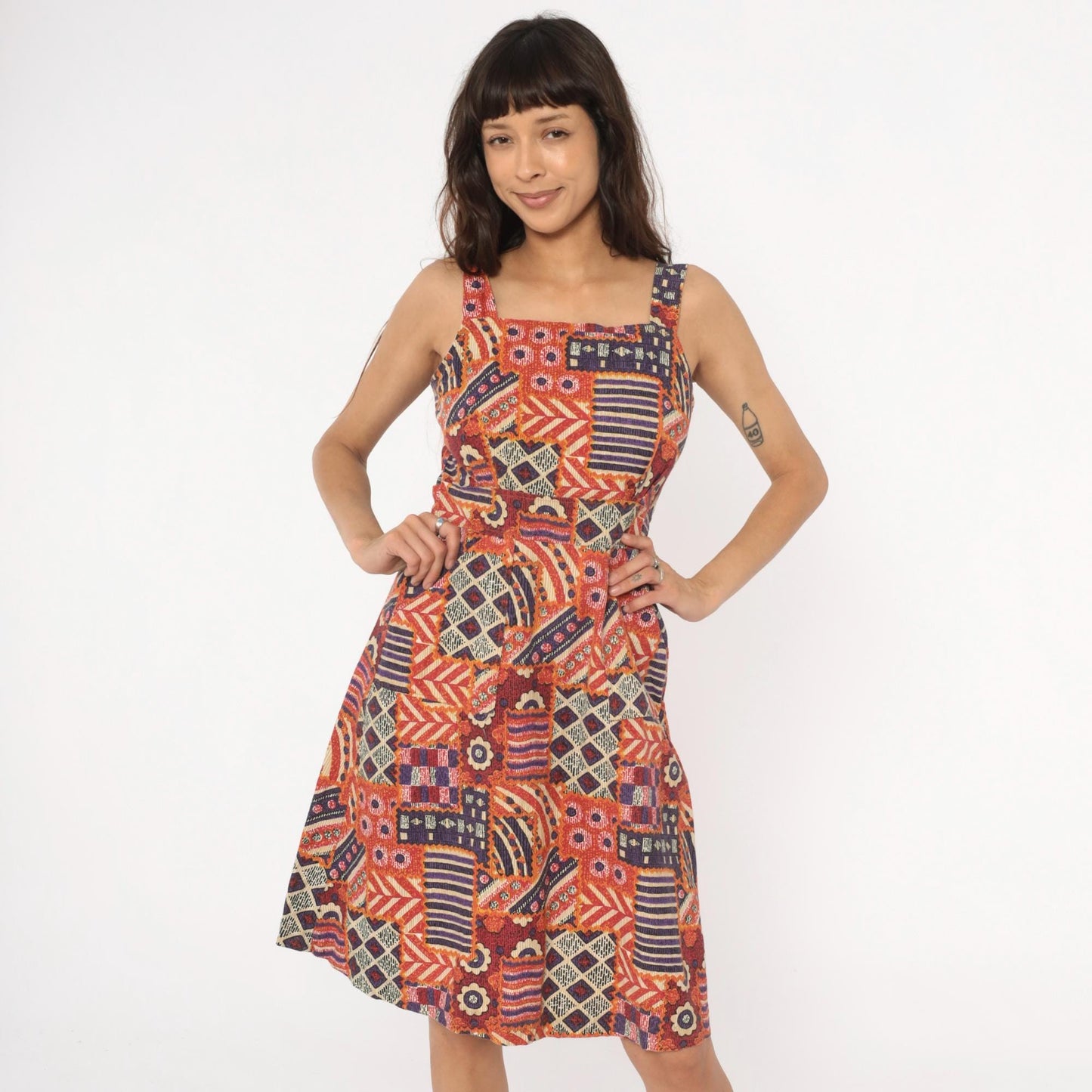 90s Geometric Patchwork Sundress Square Neck Tribal Print Small S