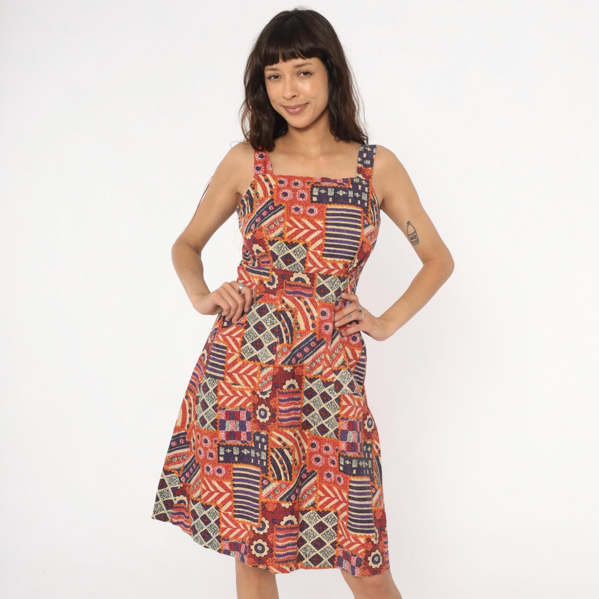 90s Geometric Patchwork Sundress Square Neck Tribal Print Small S