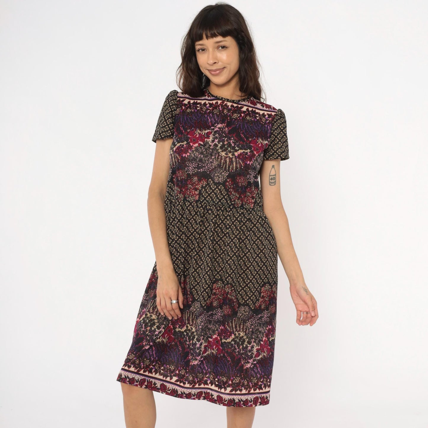80s Mixed Print Shift Dress Keyhole Back Burgundy Purple Pink Black Medium