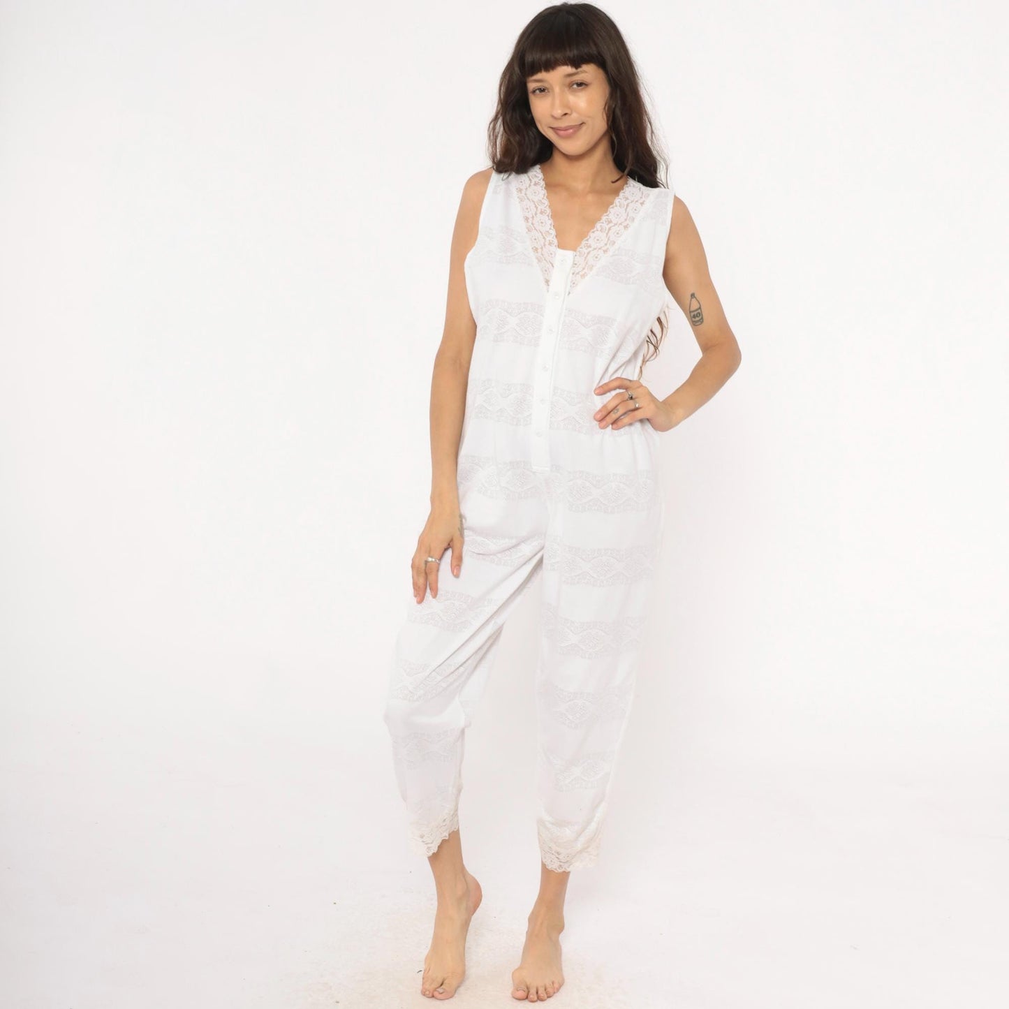 90s Candies White Lace Sleeveless Jumpsuit Cropped Ankle Cotton Medium M