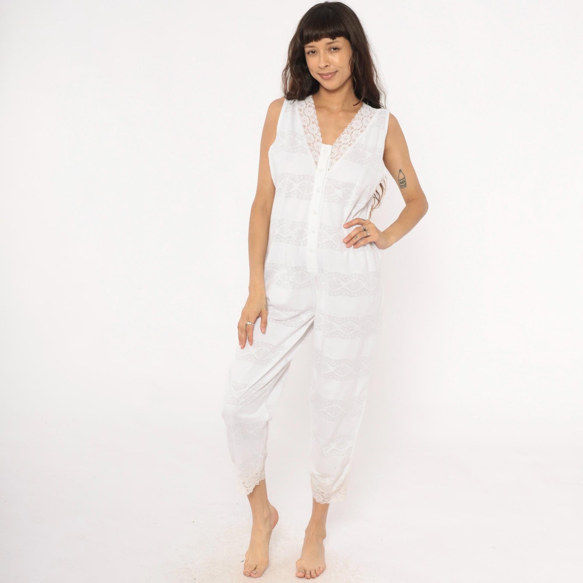 90s Candies White Lace Sleeveless Jumpsuit Cropped Ankle Cotton Medium M