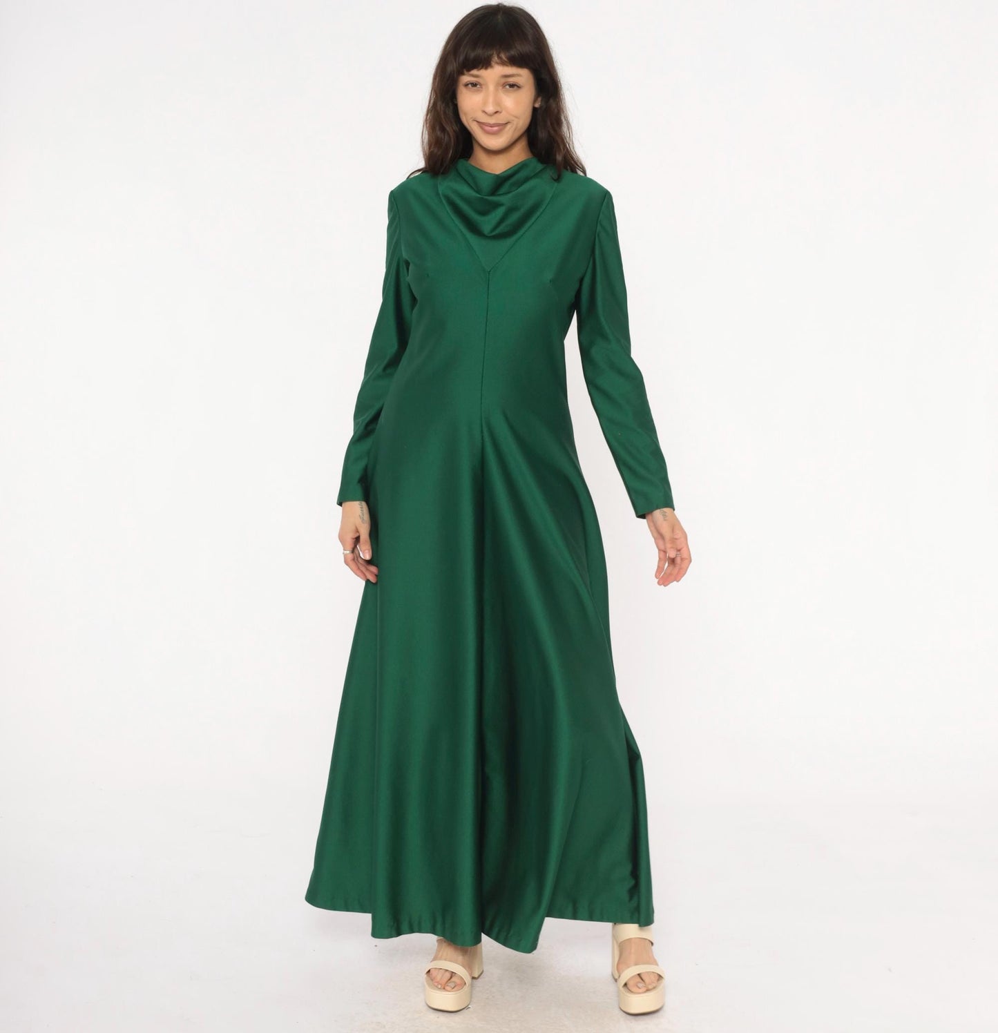 70s Green Maxi Dress Cowl Neck Long Sleeve Forest Draped Medium